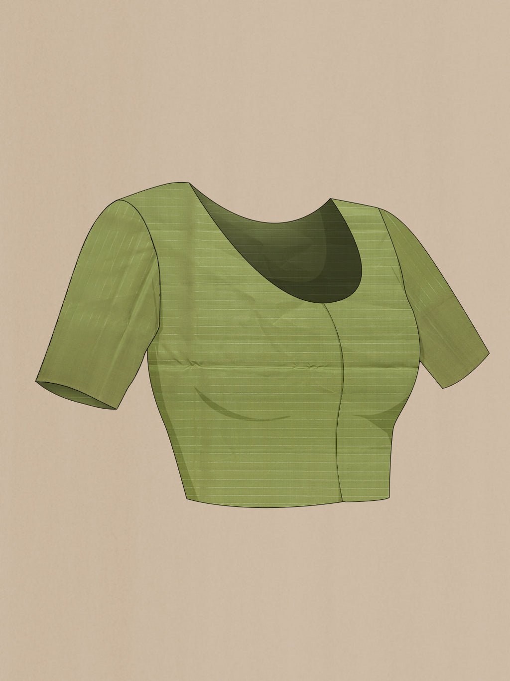 Close up image of the blouse of Sage Green Soft Silk Saree with Zari Butta on the body and Without Border. 