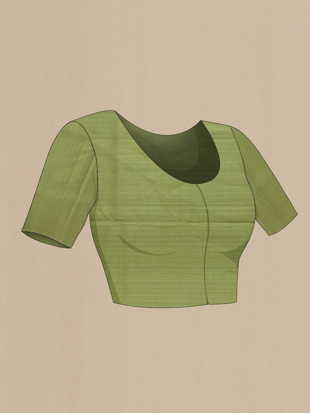 Close up image of the blouse of Sage Green Soft Silk Saree with Zari Butta on the body and Without Border. 