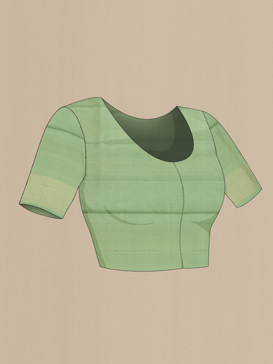 Close up image of the blouse of Pista Green Soft Silk Saree with Zari Butta on the body and Without Border. 