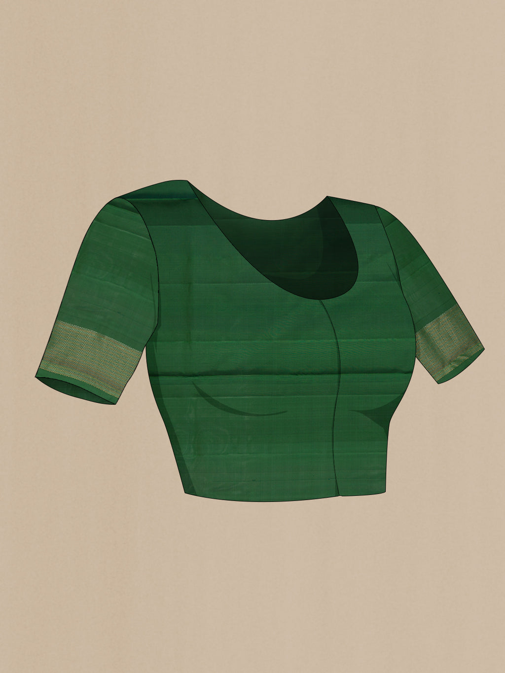 Close up image of the blouse of Bottle Green Soft Silk Saree with Zari Butta on the body and Without Border. 