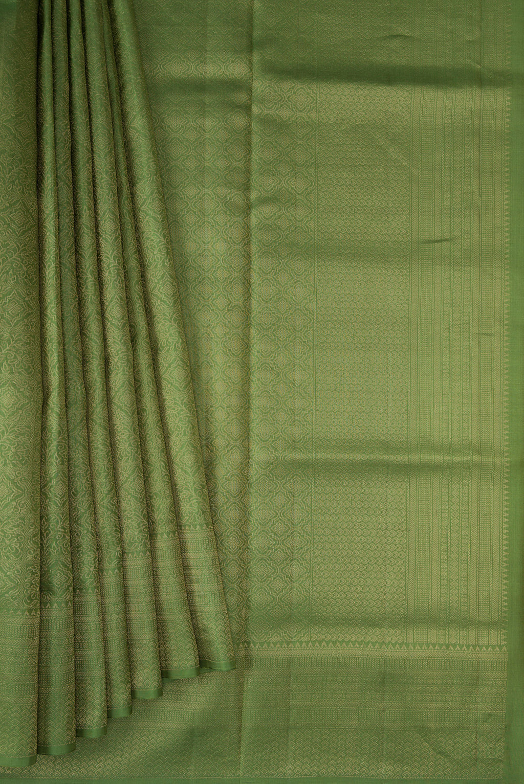 Pleats and pallu of Green Soft Silk Saree with Zari Brocade on the body and Fancy Border. 