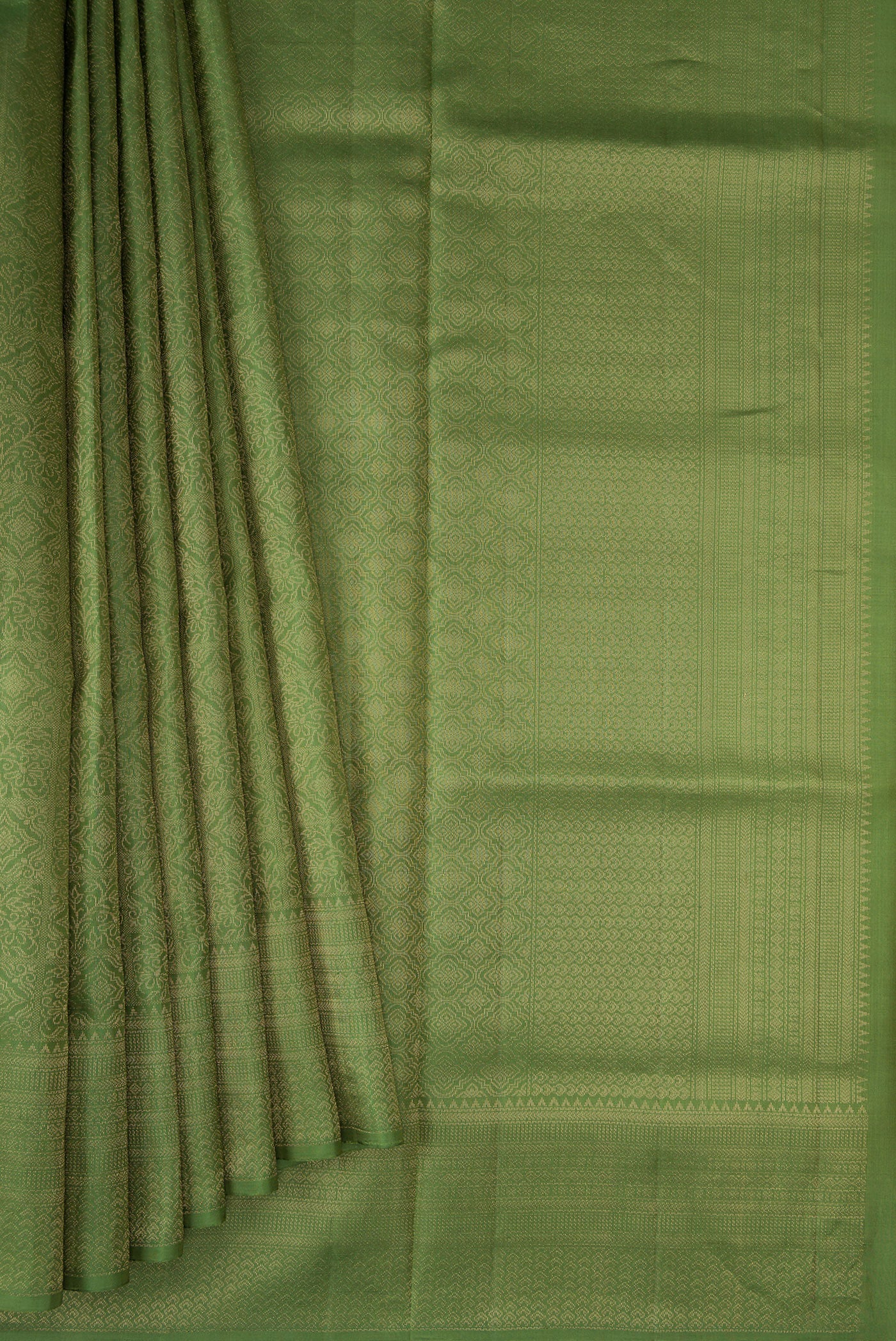 Pleats and pallu of Green Soft Silk Saree with Zari Brocade on the body and Fancy Border. 
