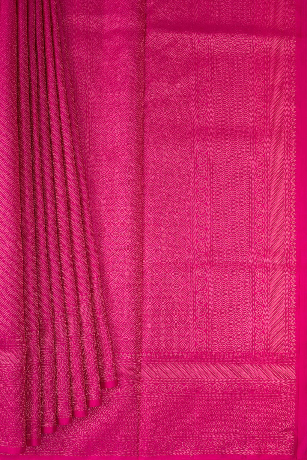 Pleats and pallu of Pink Soft Silk Saree with Zari Brocade on the body and Fancy Border. 