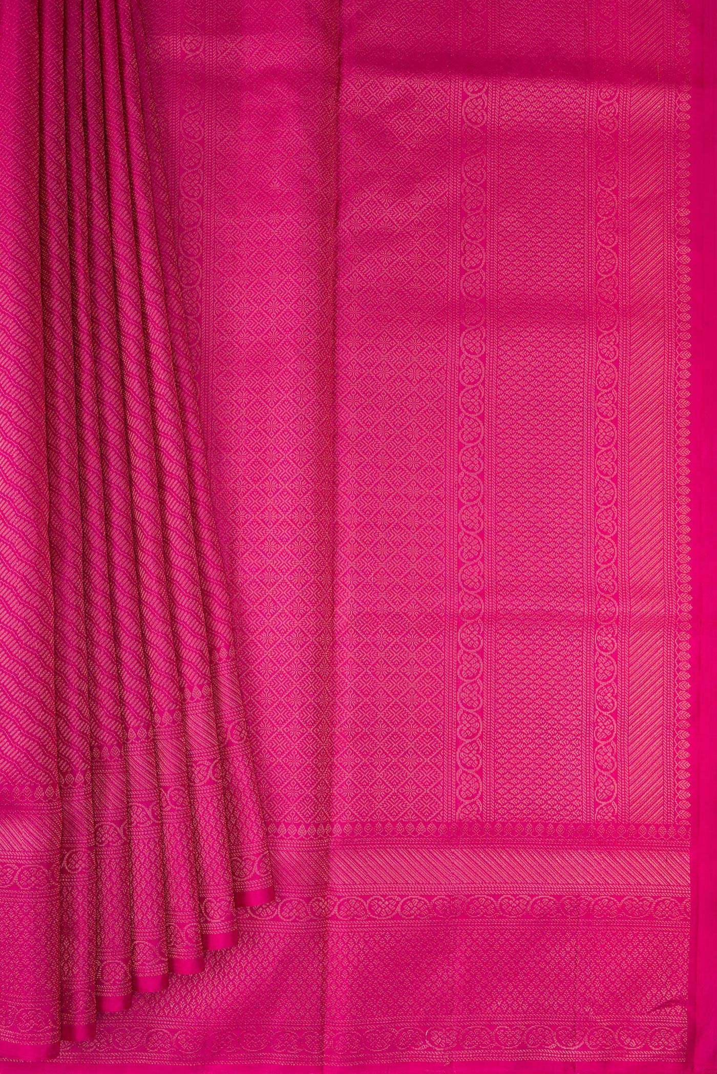 Pleats and pallu of Pink Soft Silk Saree with Zari Brocade on the body and Fancy Border. 