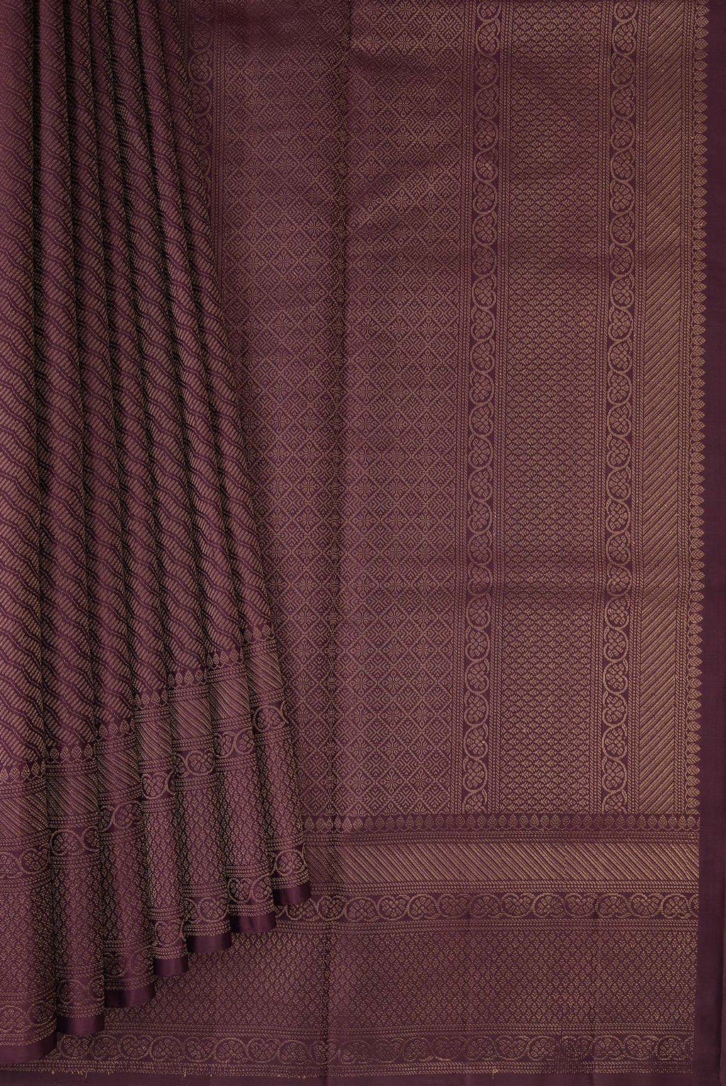 Pleats and pallu of Burgundy Dual Tone Soft Silk Saree with Zari Brocade on the body and Fancy Border. 