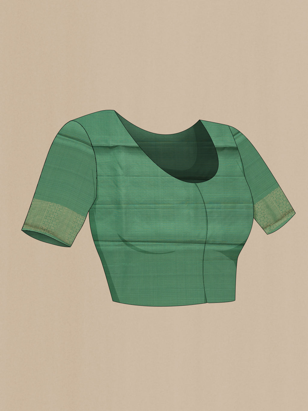 Close up image of the blouse of Green Soft Silk Saree with Zari Brocade on the body and Fancy Border. 