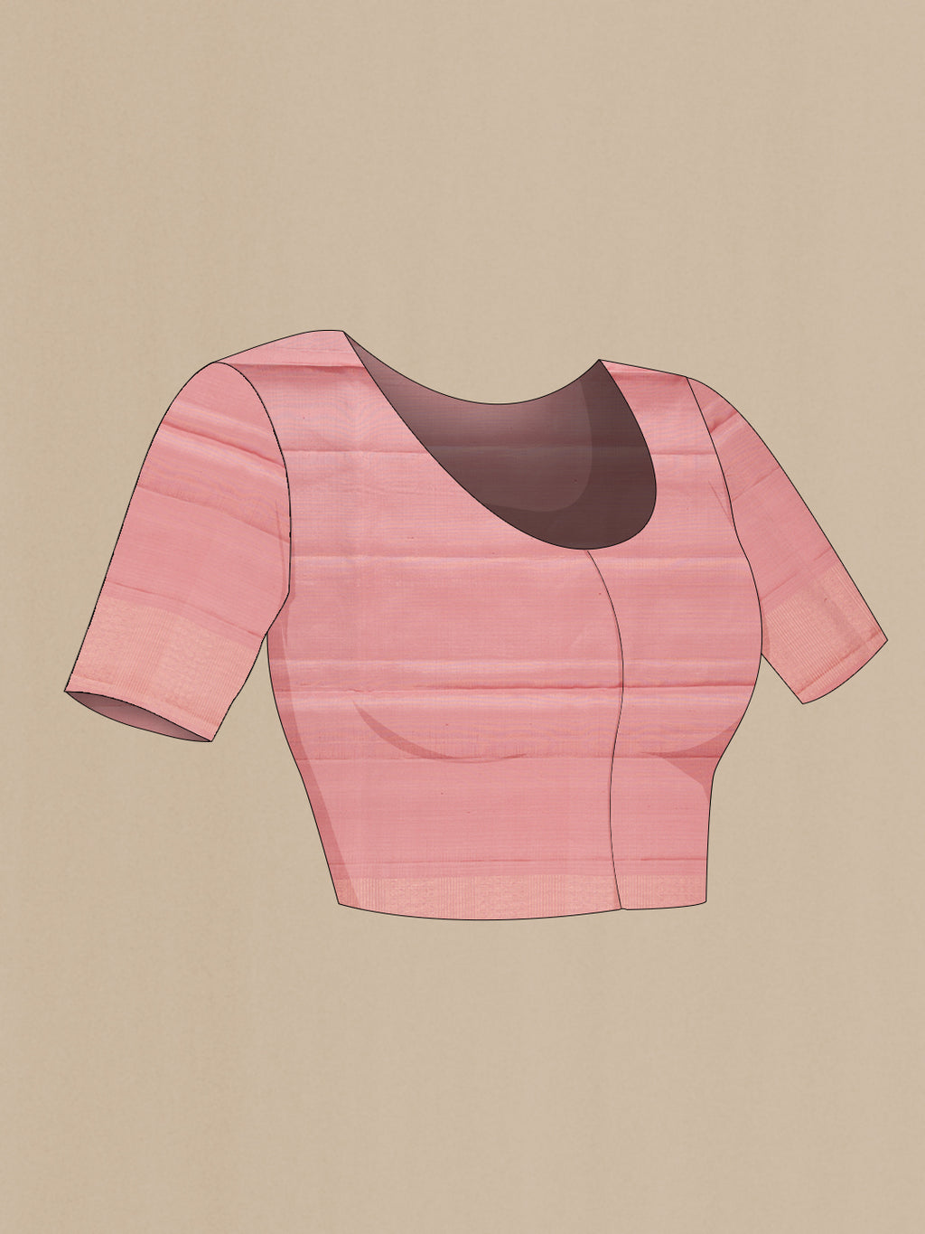 Close up image of the blouse of Rose Gold Soft Silk Saree with Zari Brocade on the body and Fancy Border. 