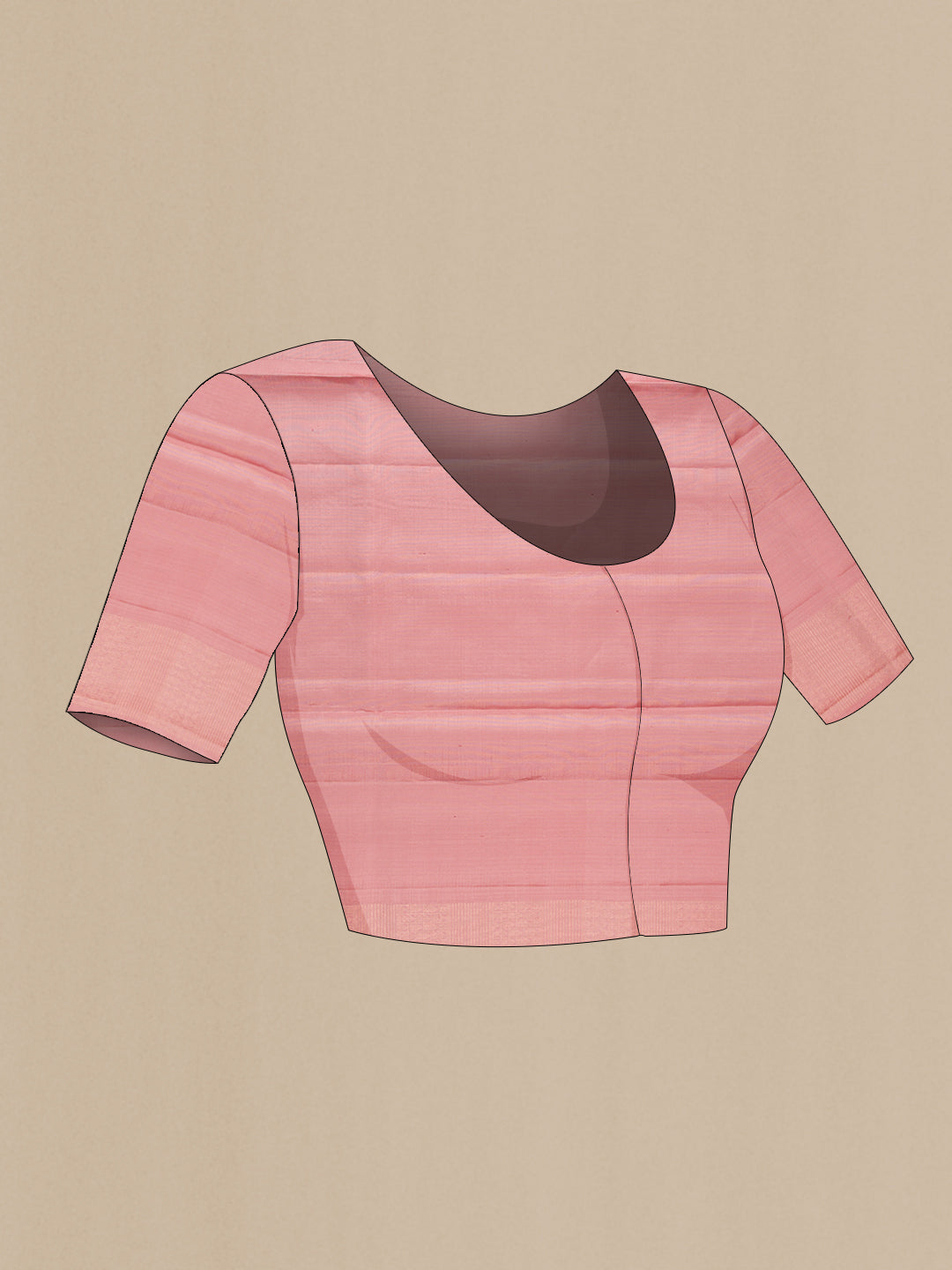 Close up image of the blouse of Rose Gold Soft Silk Saree with Zari Brocade on the body and Fancy Border. 