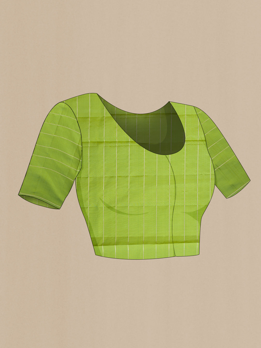 Close up image of the blouse of Green Soft Silk Saree with Checked design on the body and Plain Border. 