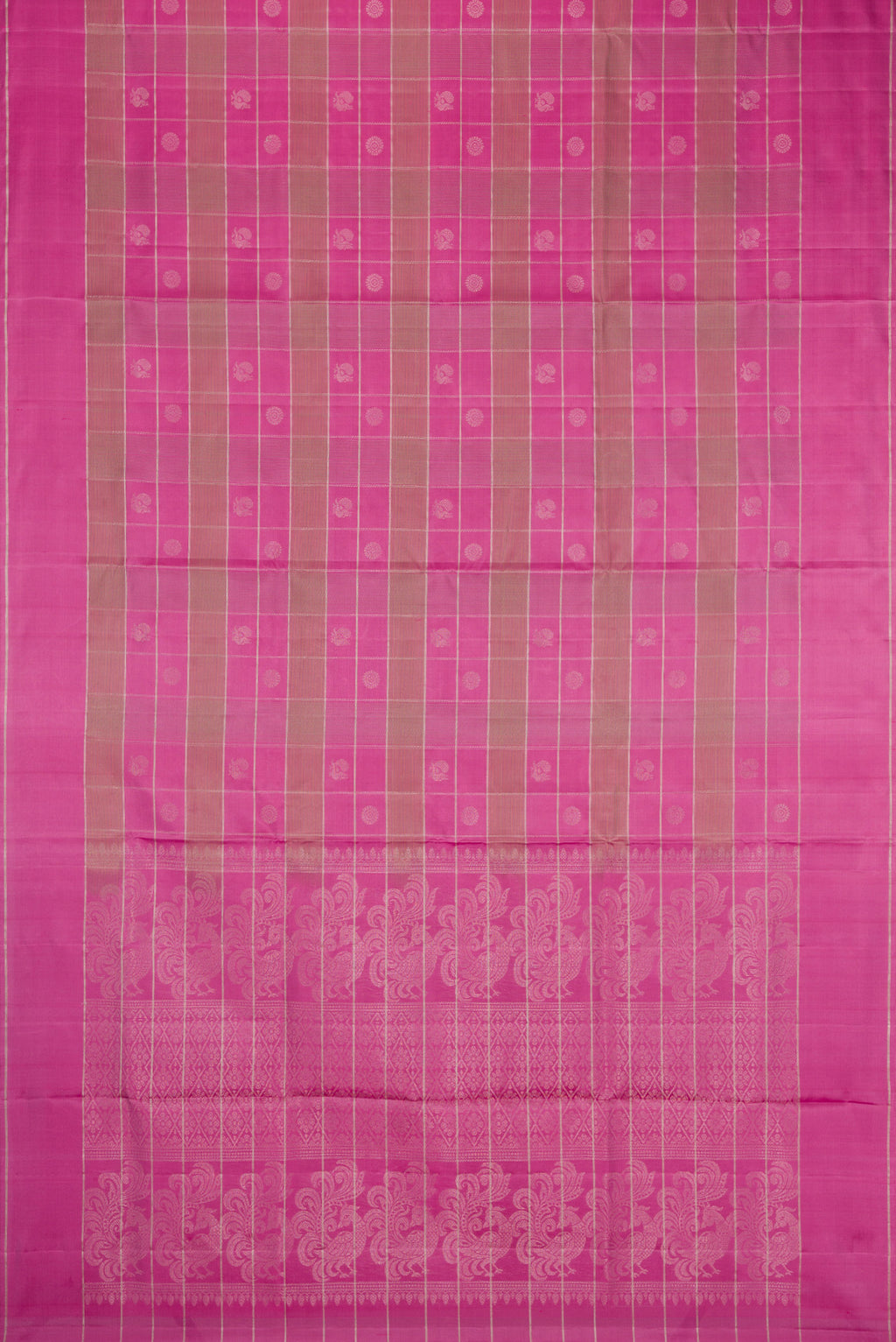 Flat view of Pink Soft Silk Saree with Checked design on the body and Plain Border. 