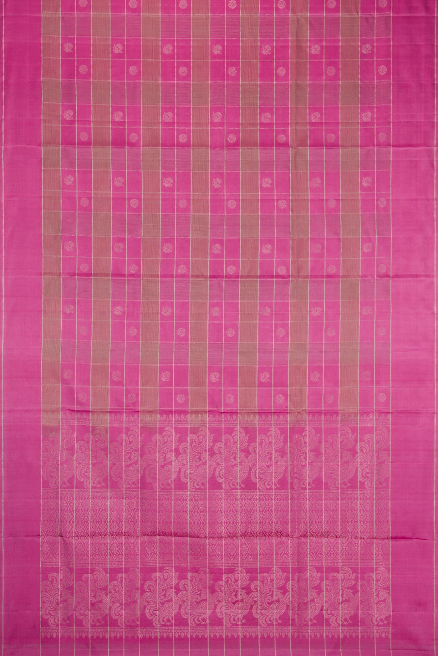 Flat view of Pink Soft Silk Saree with Checked design on the body and Plain Border. 