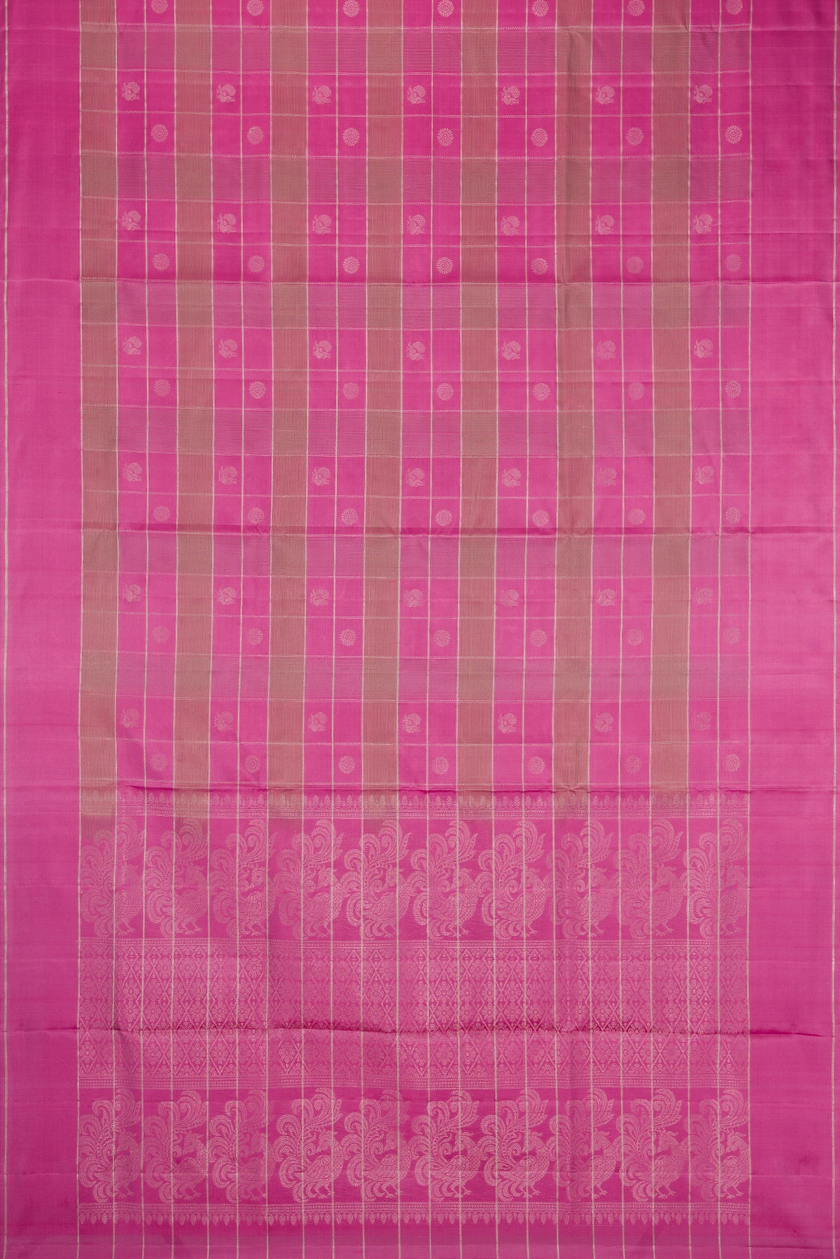 Flat view of Pink Soft Silk Saree with Checked design on the body and Plain Border. 