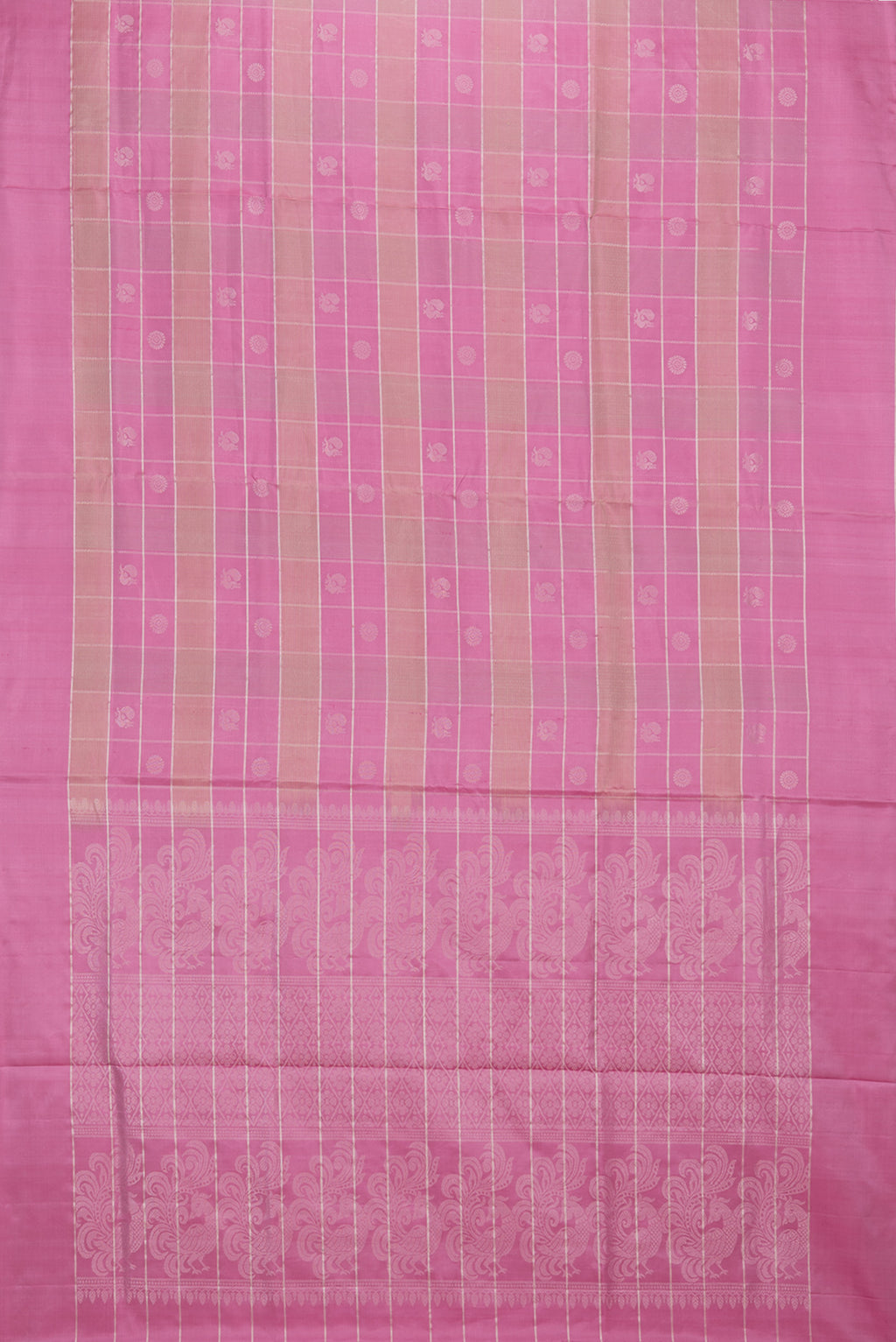 Flat view of Pure Silk Pink Dual Tone Soft Saree with Checked design on the body and Zari Border. 