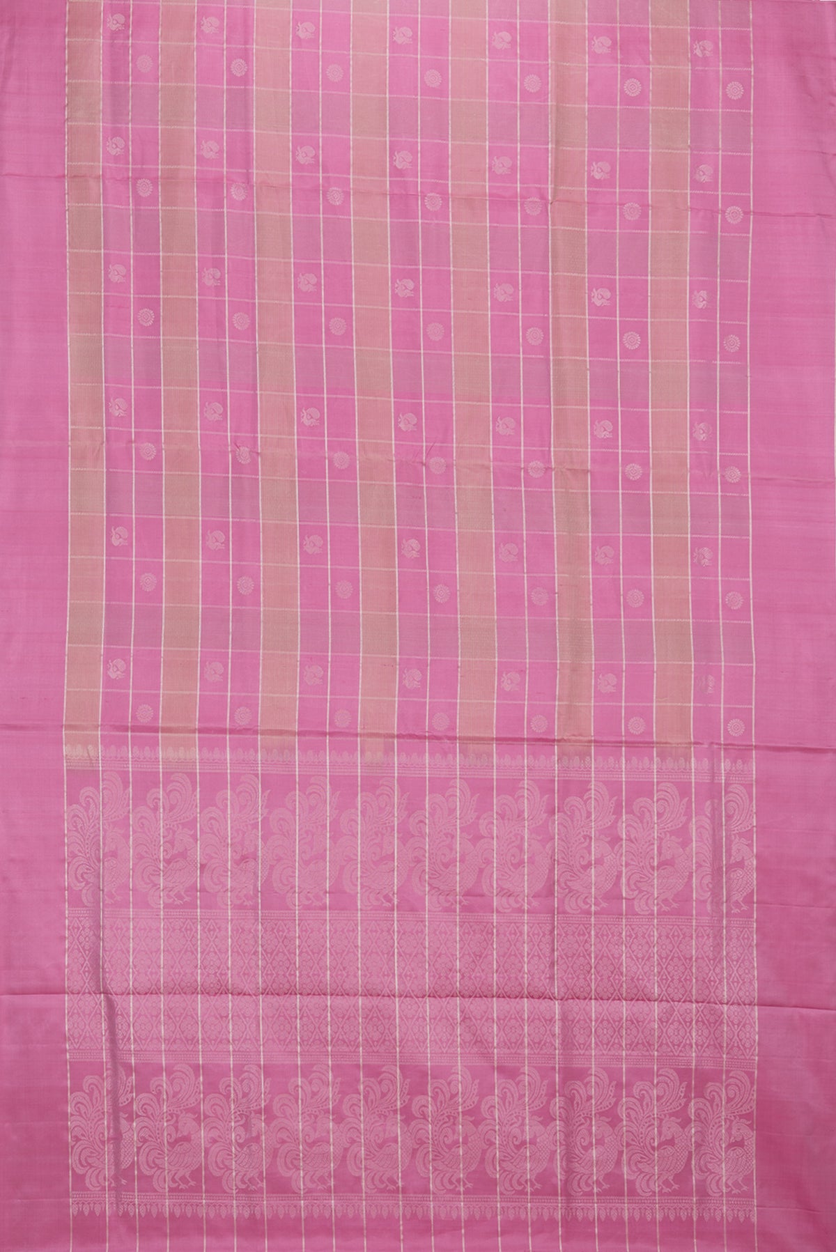 Flat view of Pure Silk Pink Dual Tone Soft Saree with Checked design on the body and Zari Border. 