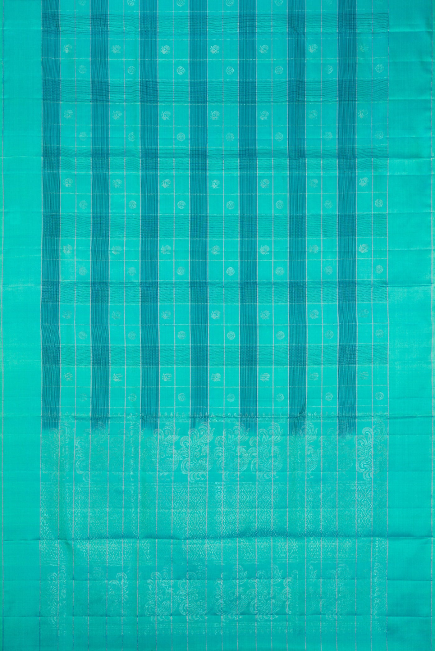 Flat view of Sea Green Soft Silk Saree with Checked design on the body and Plain Border. 