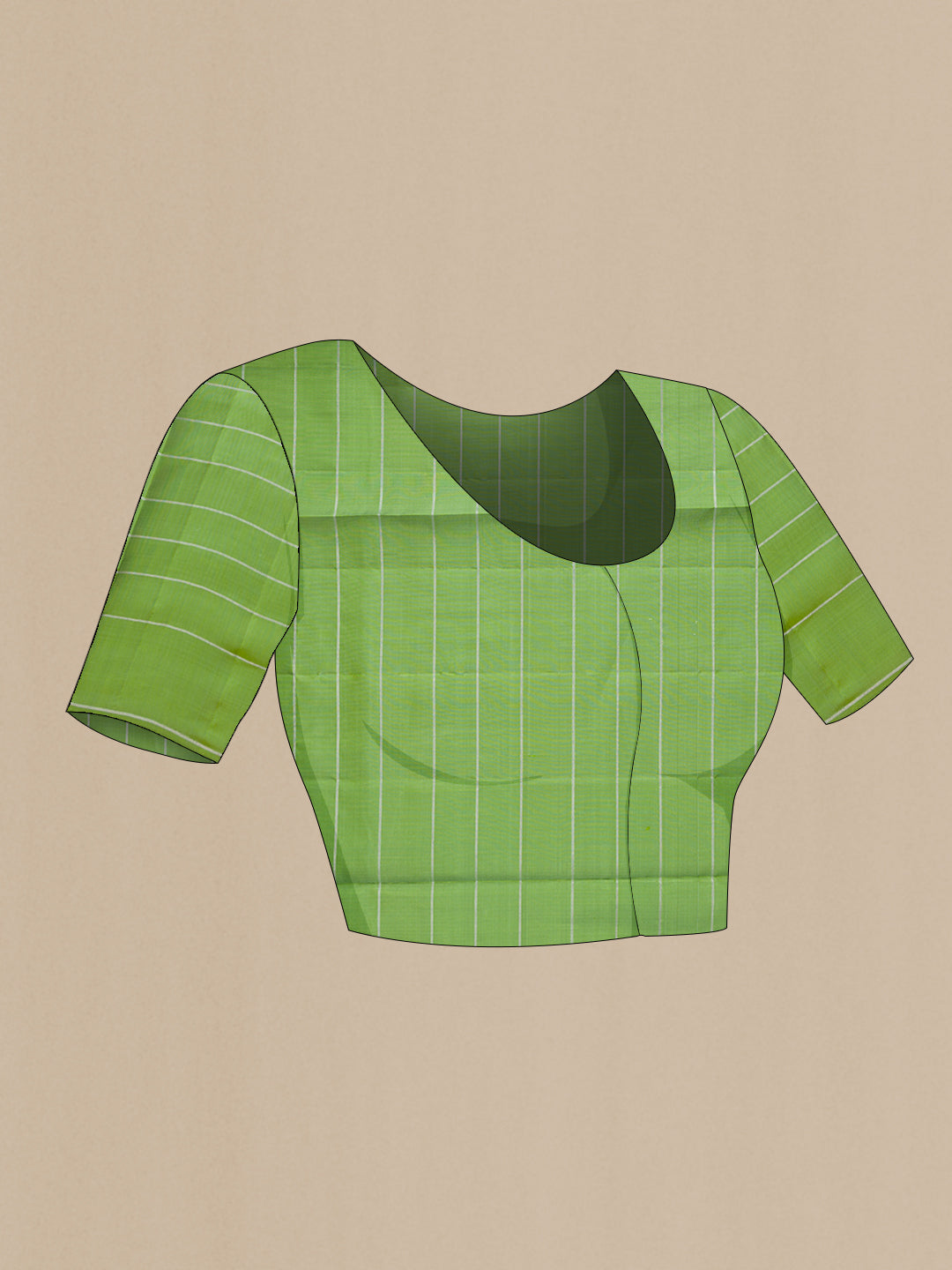 Close up image of the blouse of Green Soft Silk Saree with Checked design on the body and Plain Border. 