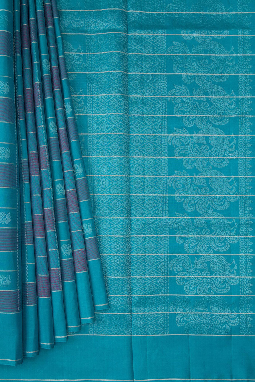 Pleats and pallu of Sky Blue Soft Silk Saree with Checked design on the body and Plain Border. 