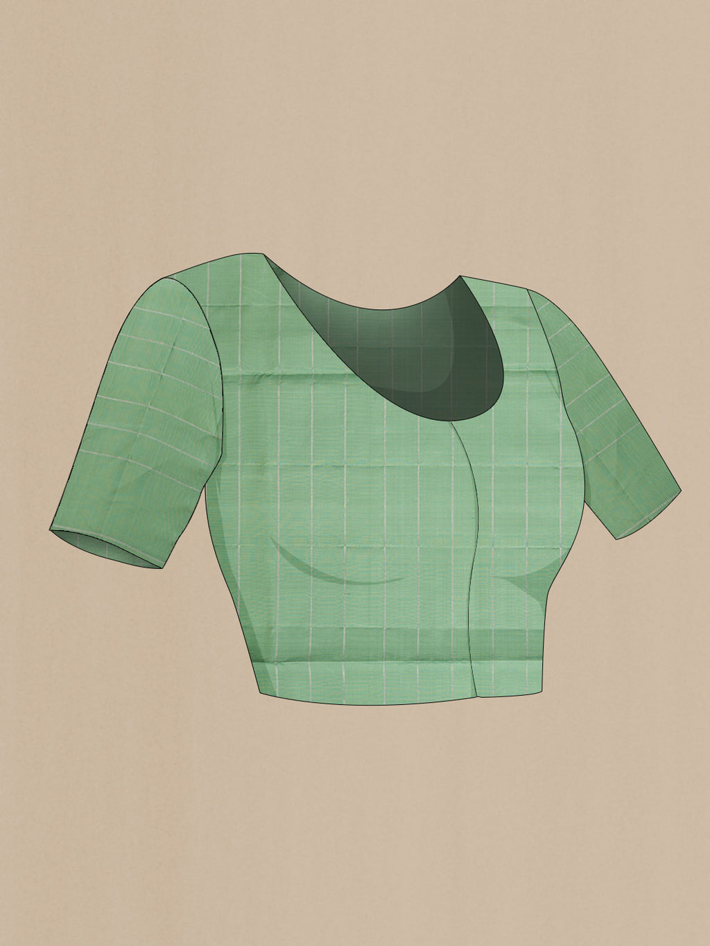 Close up image of the blouse of Sage Green Soft Silk Saree with Checked design on the body and Plain Border. 