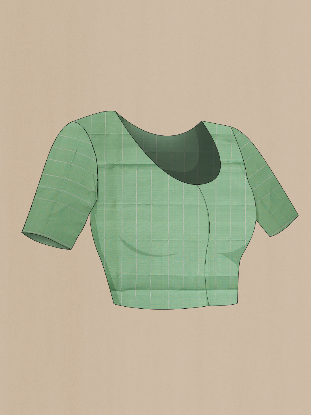 Close up image of the blouse of Sage Green Soft Silk Saree with Checked design on the body and Plain Border. 