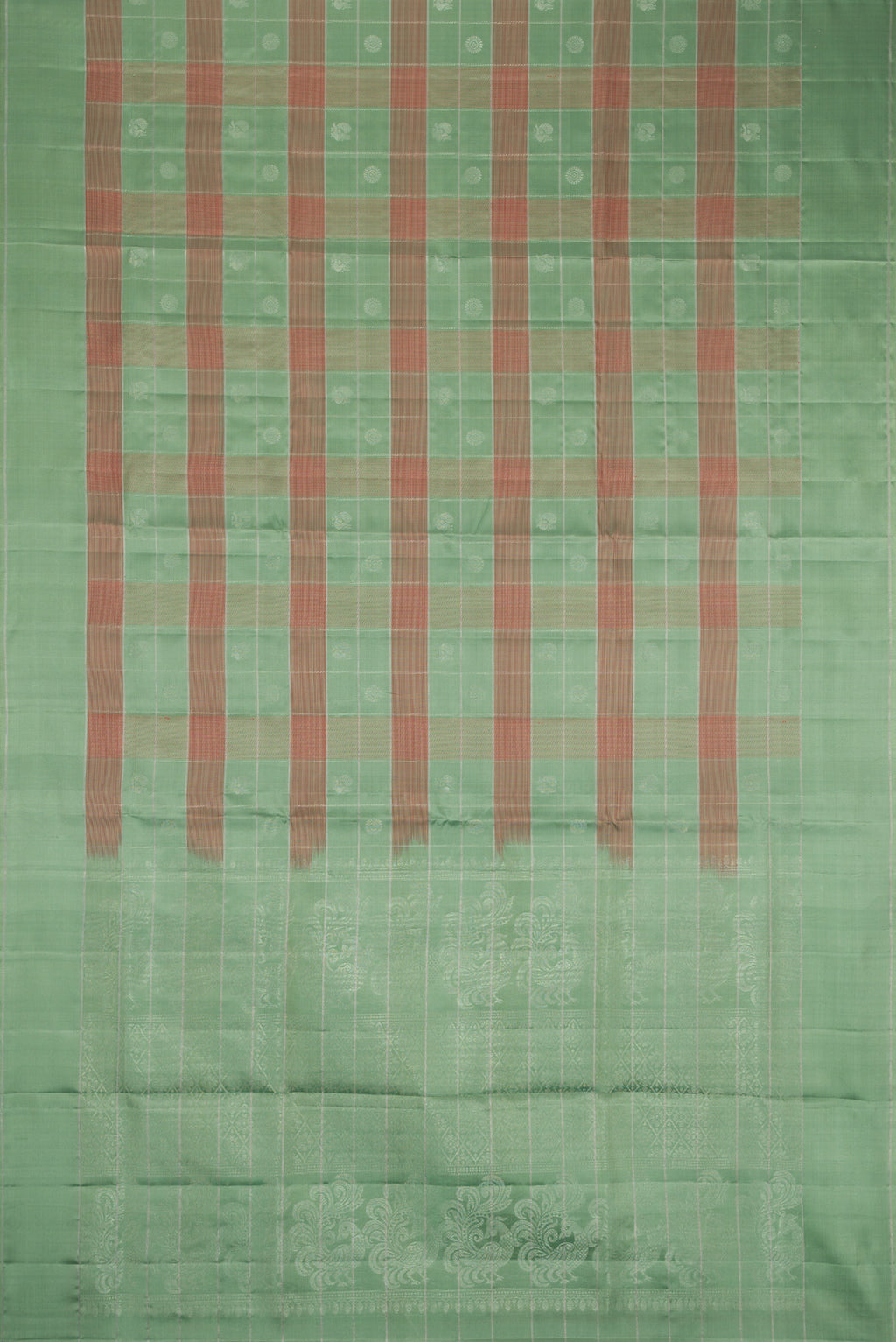 Flat view of Sage Green Soft Silk Saree with Checked design on the body and Plain Border. 