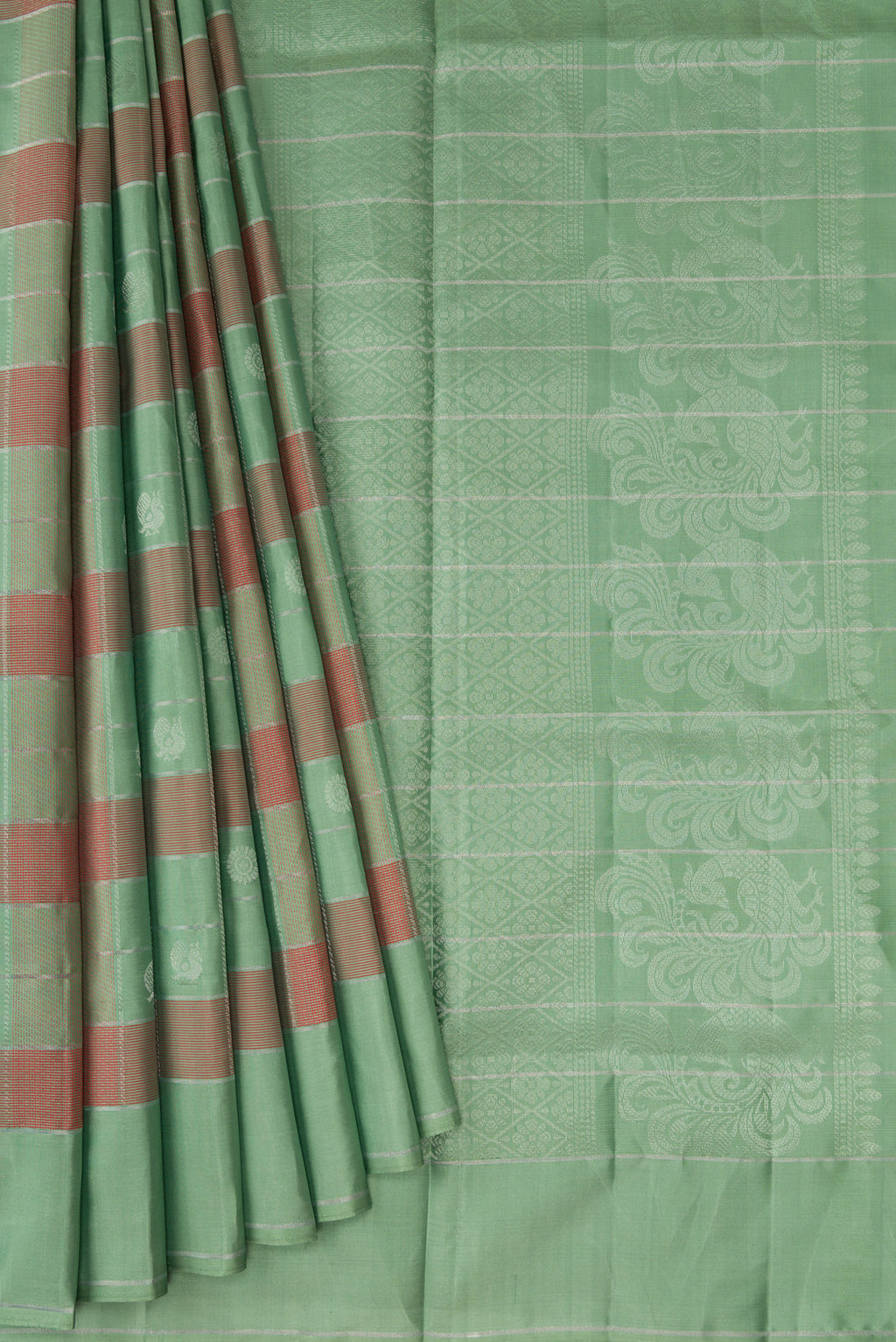 Pleats and pallu of Sage Green Soft Silk Saree with Checked design on the body and Plain Border. 