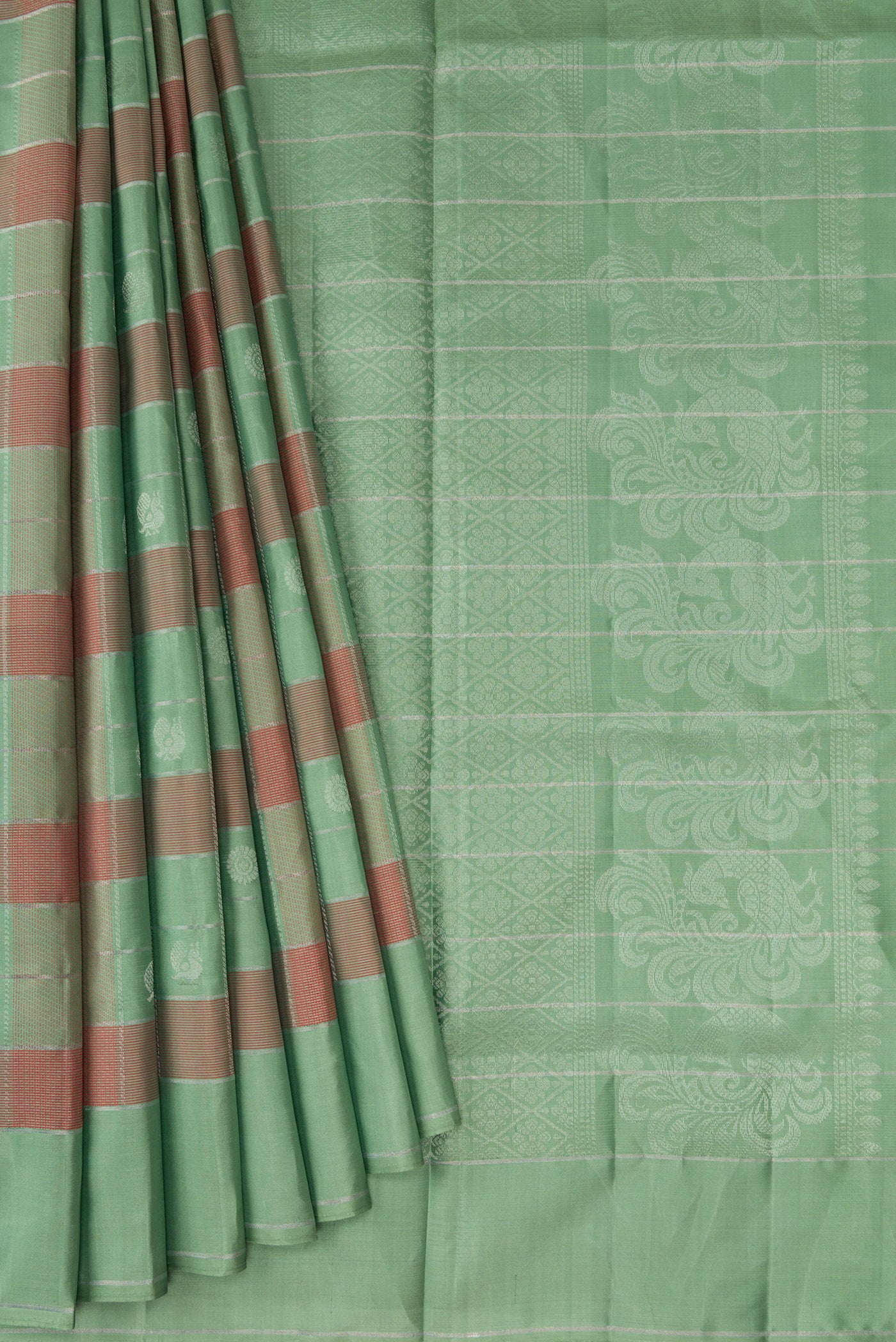 Pleats and pallu of Sage Green Soft Silk Saree with Checked design on the body and Plain Border. 