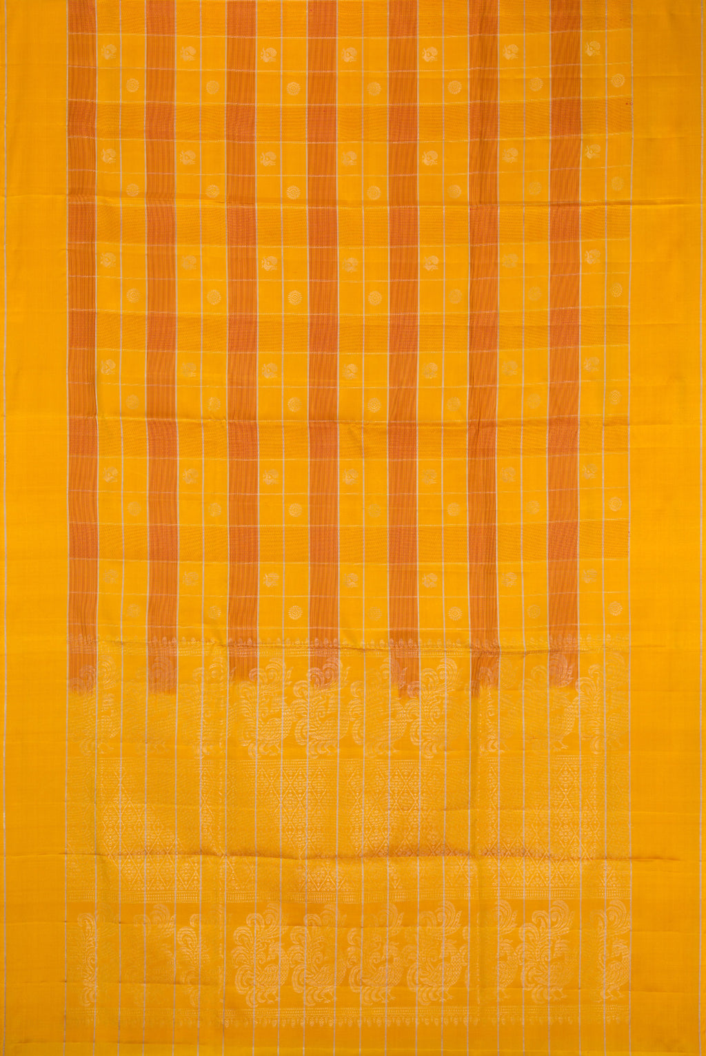 Flat view of Mustard Soft Silk Saree with Checked design on the body and Plain Border. 