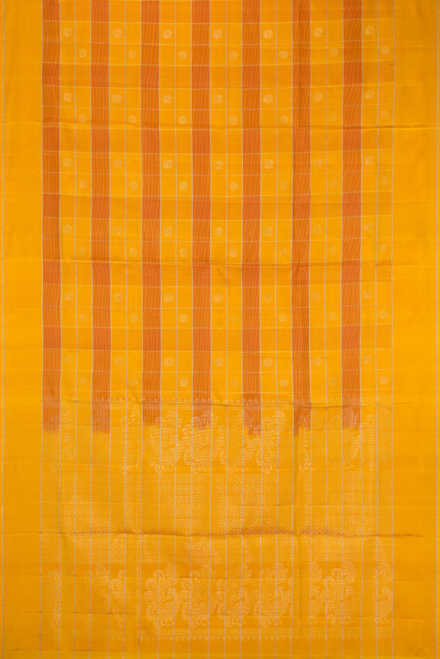 Flat view of Mustard Soft Silk Saree with Checked design on the body and Plain Border. 