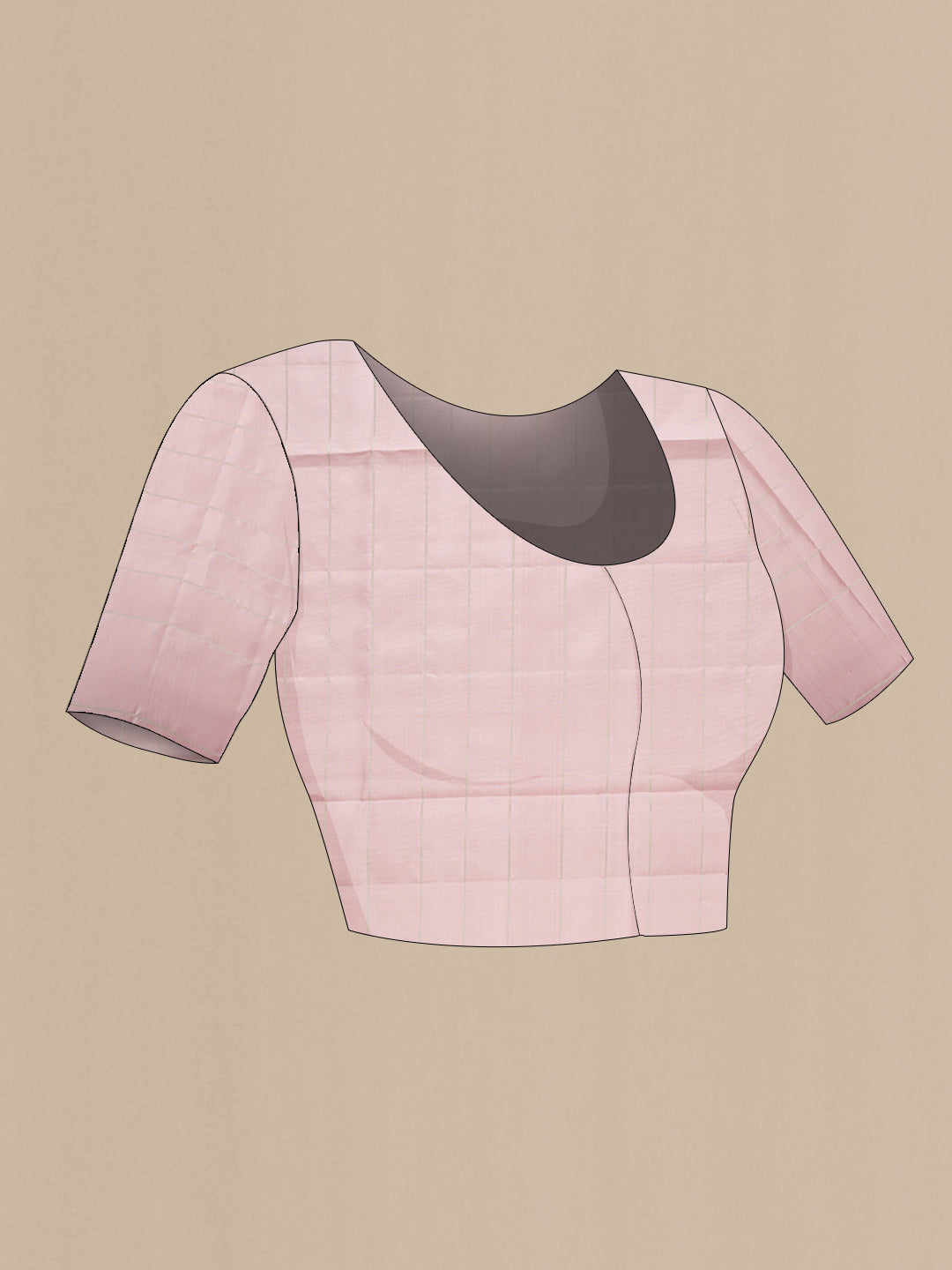 Close up image of the blouse of Rose Gold Soft Silk Saree with Checked design on the body and Plain Border. 