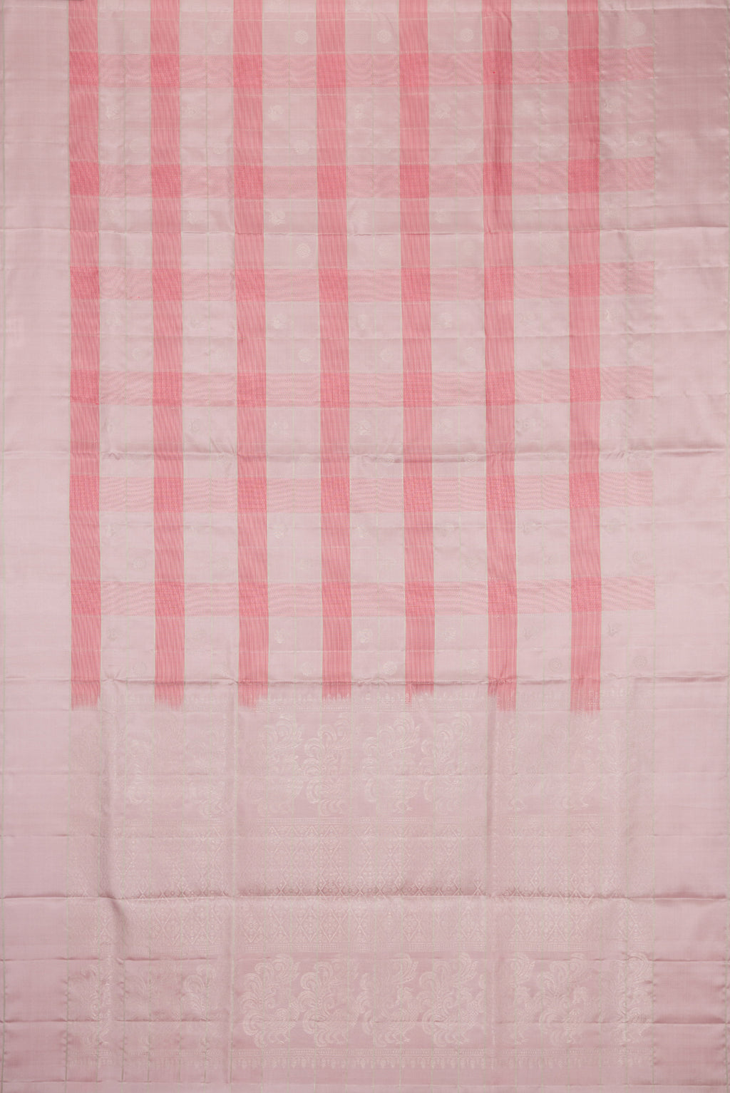 Flat view of Rose Gold Soft Silk Saree with Checked design on the body and Plain Border. 