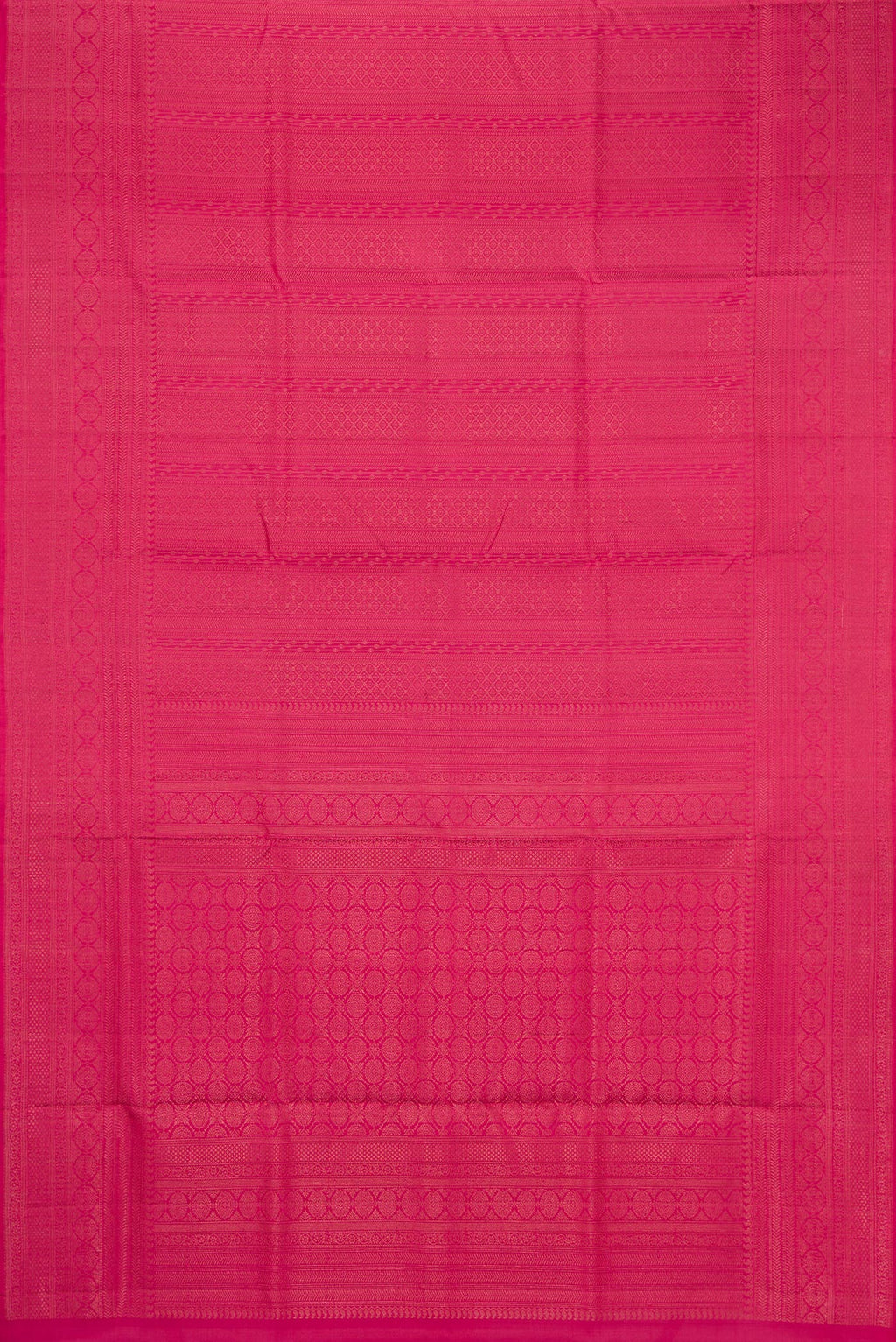 Flat view of Pink Soft Silk Saree with Zari Brocade on the body and Fancy Border. 