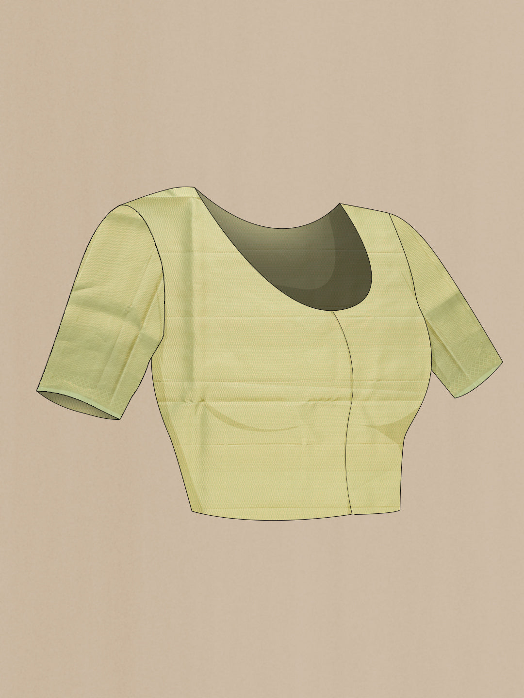 Close up image of the blouse of Pista Green Soft Silk Saree with Zari Brocade on the body and Fancy Border. 
