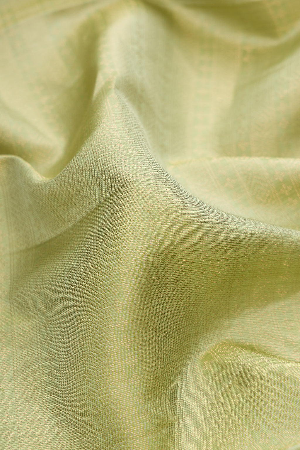 Close up of Pista Green Soft Silk Saree with Zari Brocade on the body and Fancy Border.  displaying folds
