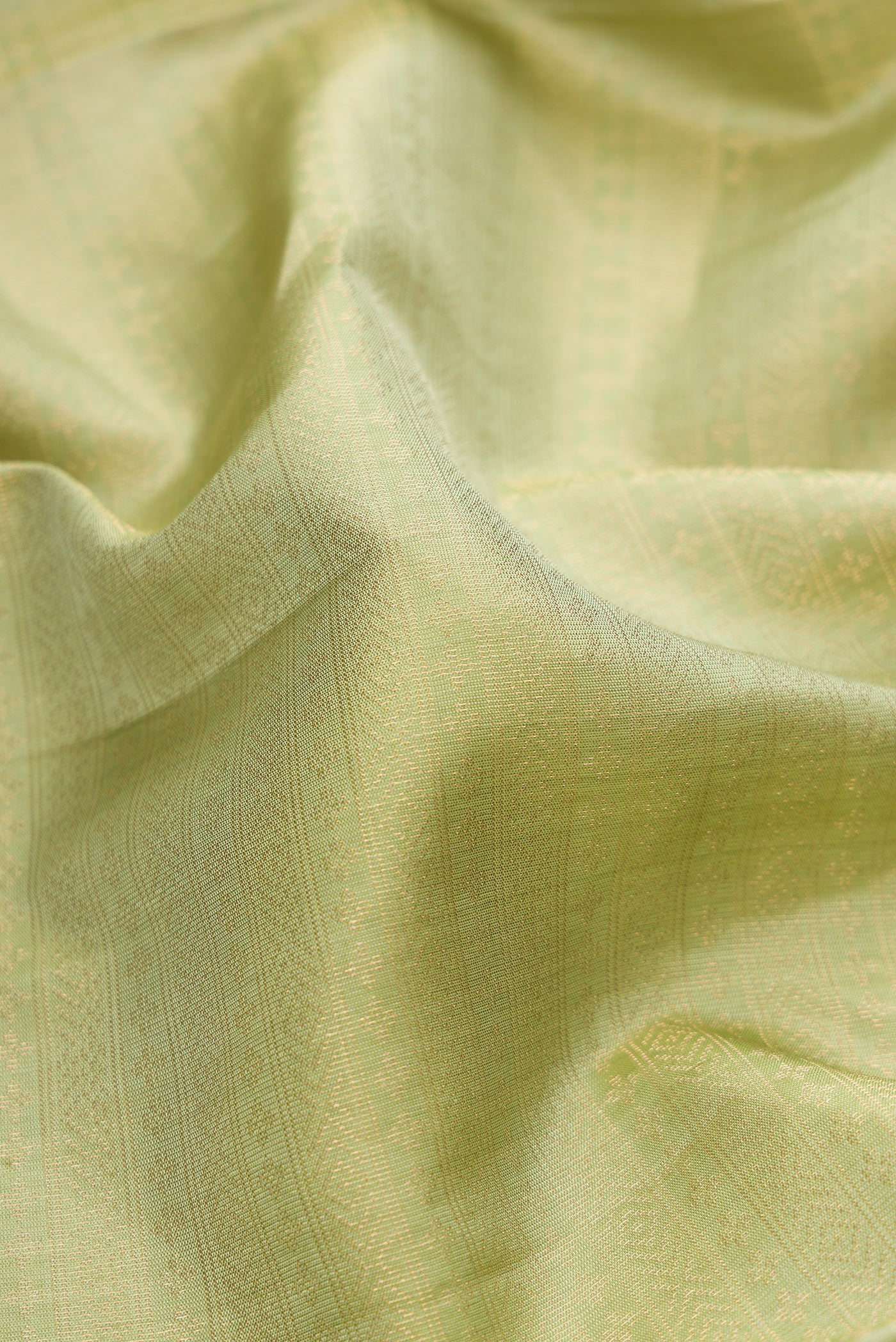 Close up of Pista Green Soft Silk Saree with Zari Brocade on the body and Fancy Border.  displaying folds