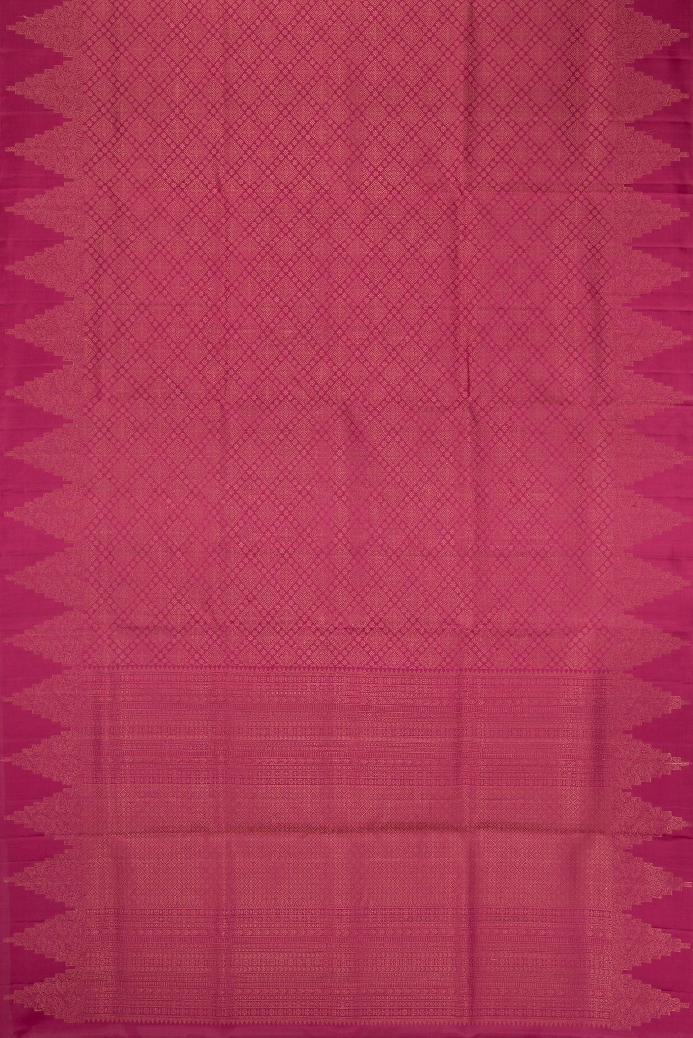Flat view of Pink Soft Silk Saree with Zari Brocade on the body and Fancy Border. 