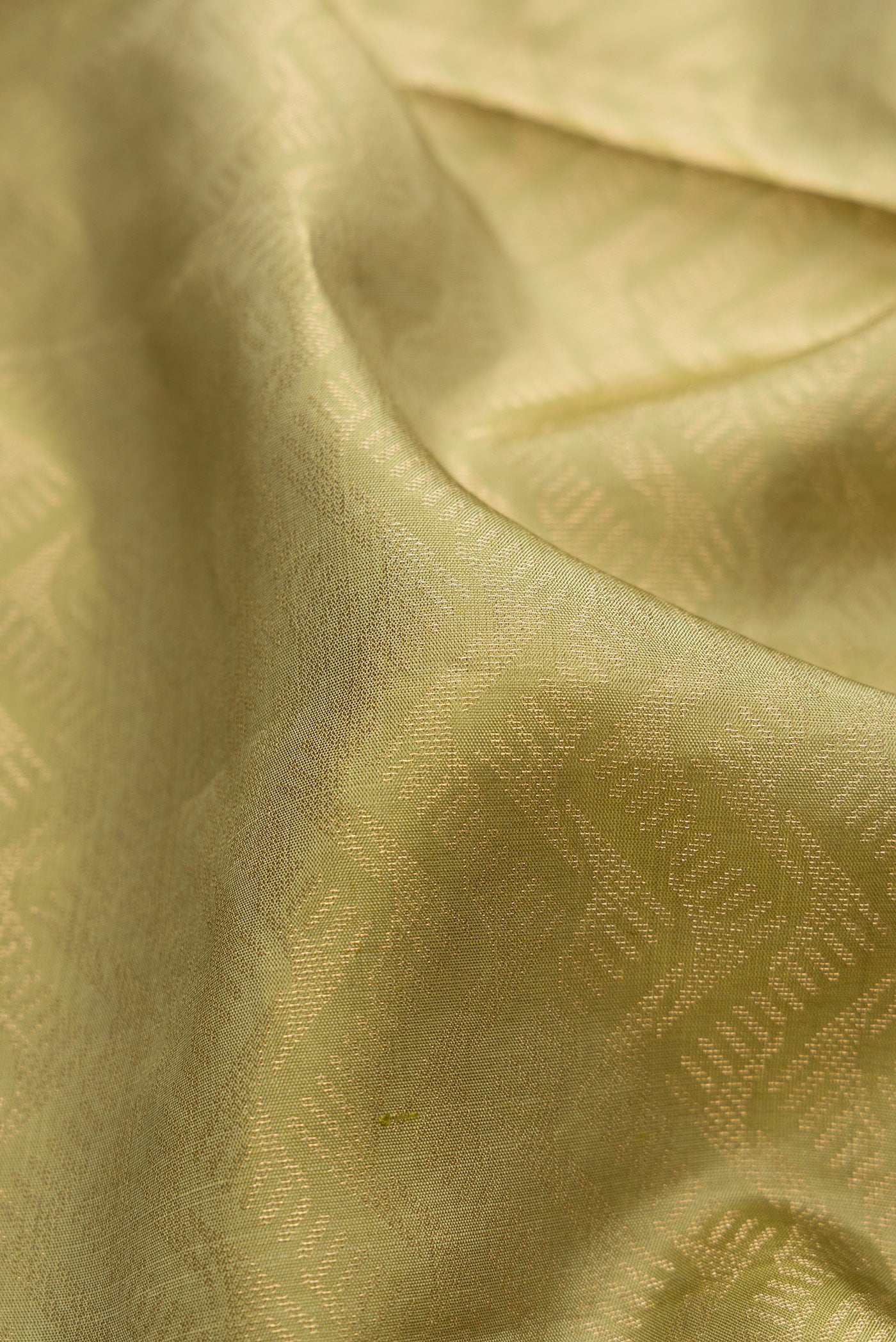 Close up of Sage Green Soft Silk Saree with Zari Brocade on the body and Fancy Border.  displaying folds