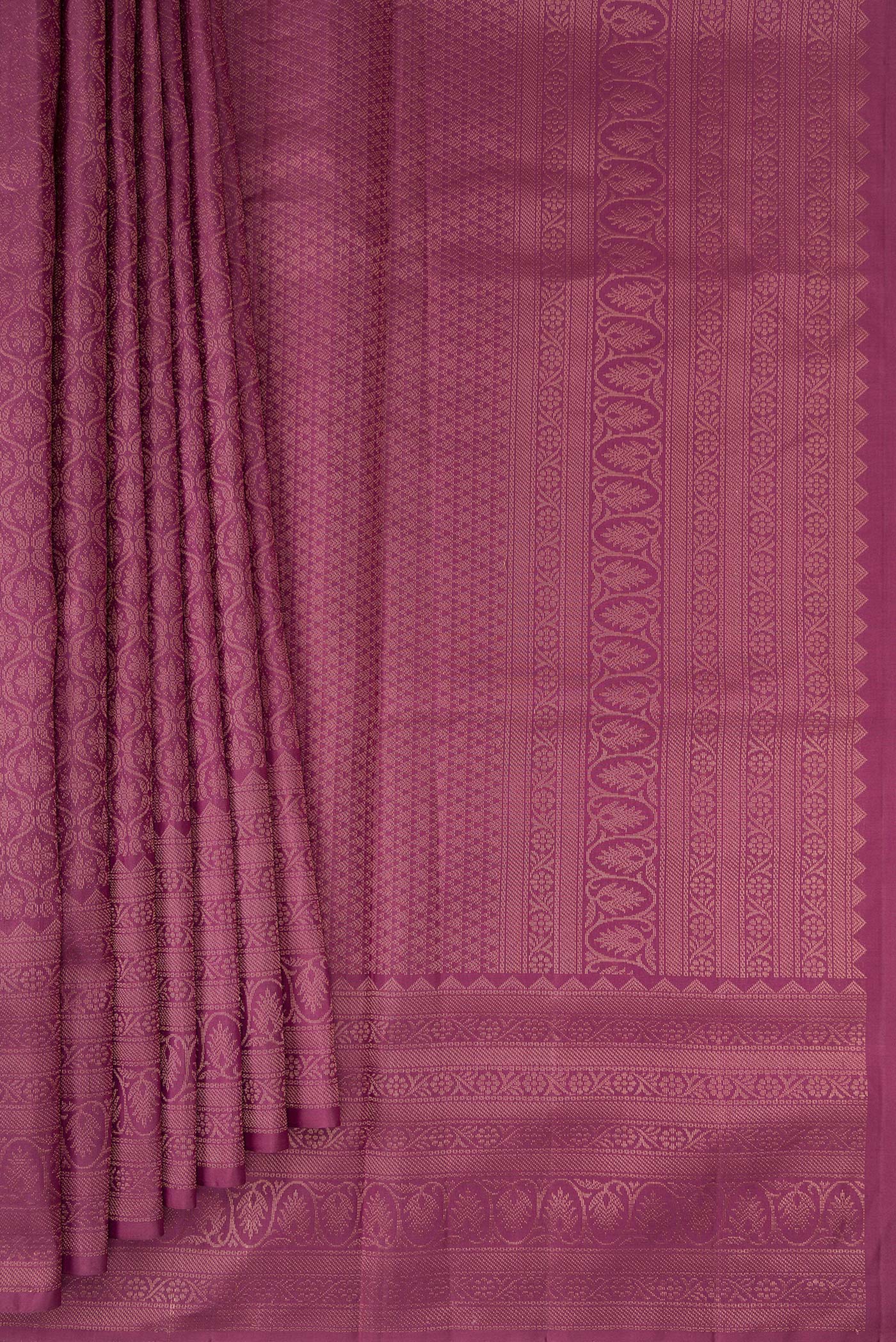 Pleats and pallu of Lavender Soft Silk Saree with Zari Brocade on the body and Fancy Border. 