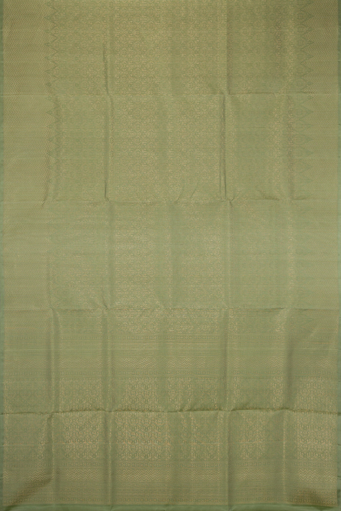 Flat view of Sage Green Soft Silk Saree with Zari Brocade on the body and Fancy Border. 
