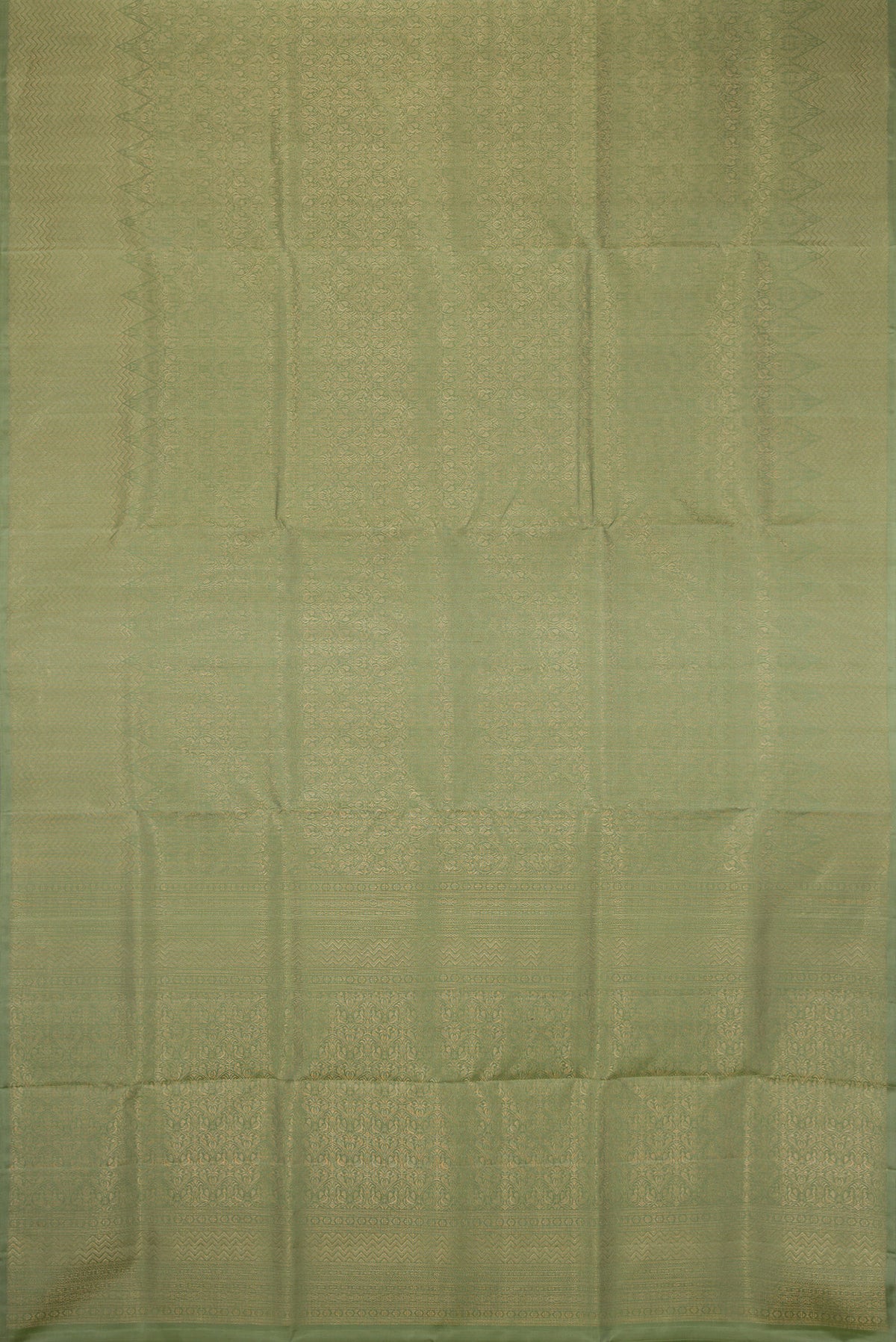 Flat view of Sage Green Soft Silk Saree with Zari Brocade on the body and Fancy Border. 