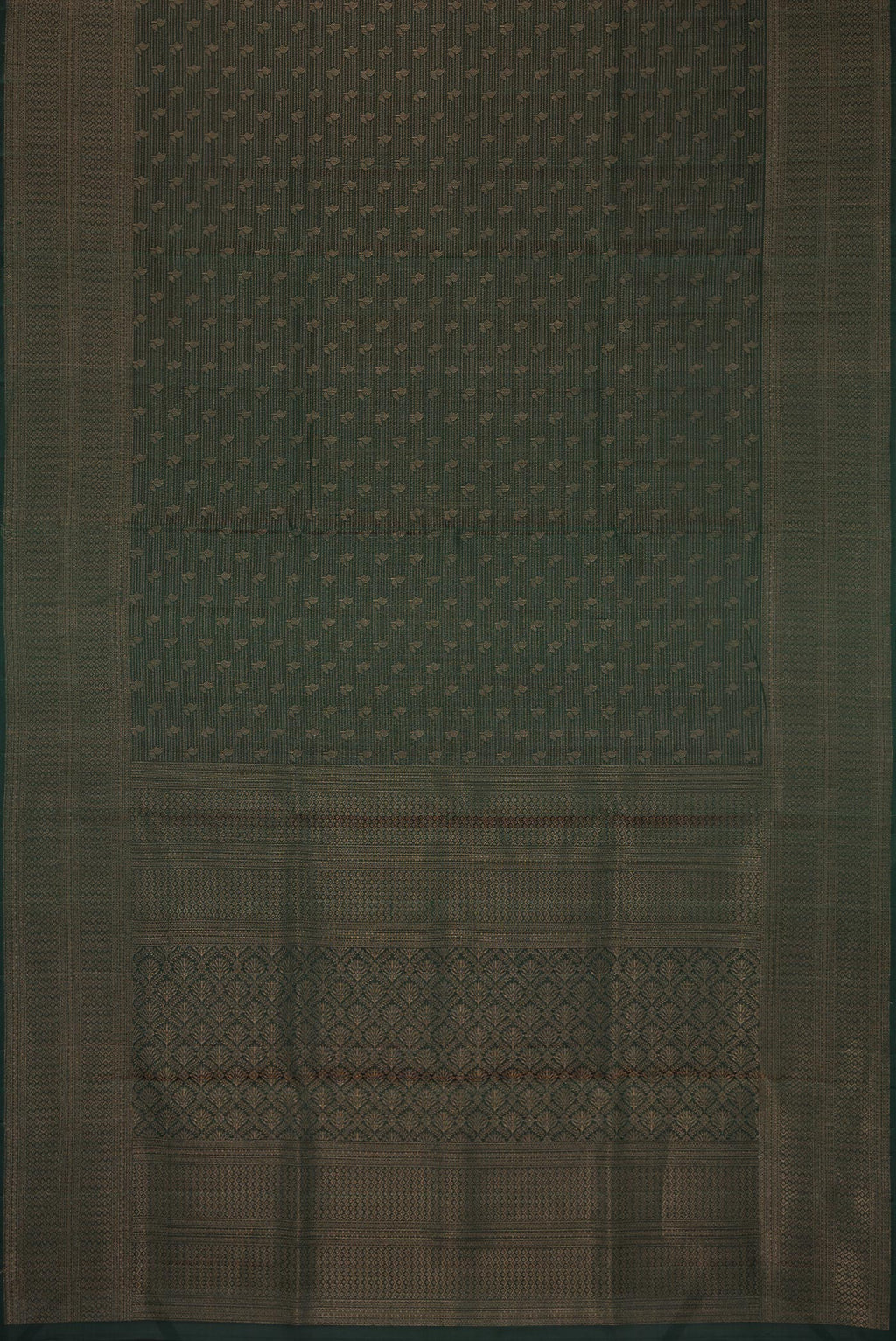 Flat view of Bottle Green Soft Silk Saree with Zari Brocade on the body and Fancy Border. 
