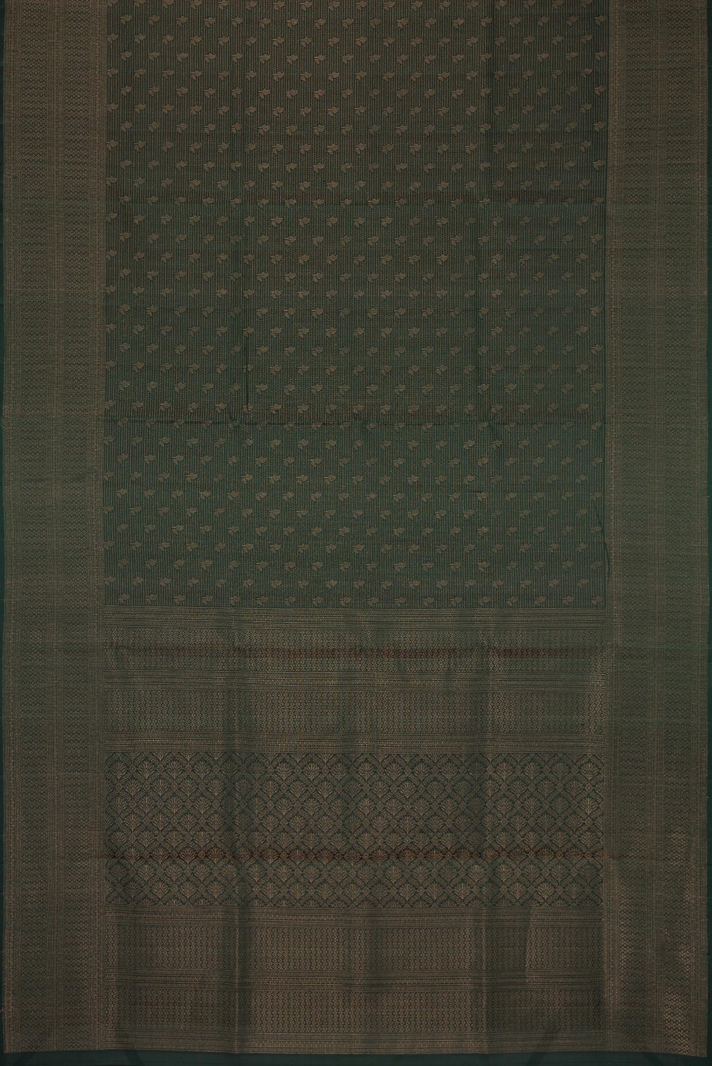 Flat view of Bottle Green Soft Silk Saree with Zari Brocade on the body and Fancy Border. 