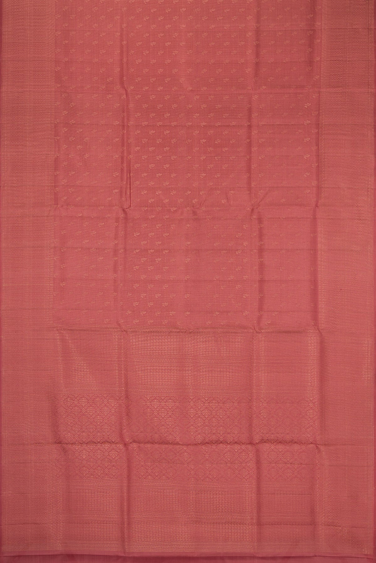 Flat view of Rose Gold Soft Silk Saree with Zari Brocade on the body and Fancy Border. 