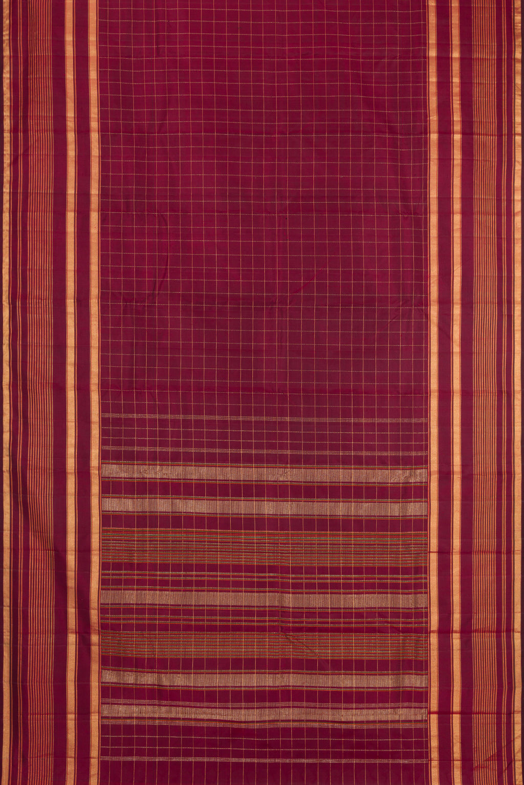 Flat view of Maroon Kanjivaram Silk Saree with Checked design on the body and Zari Border. 