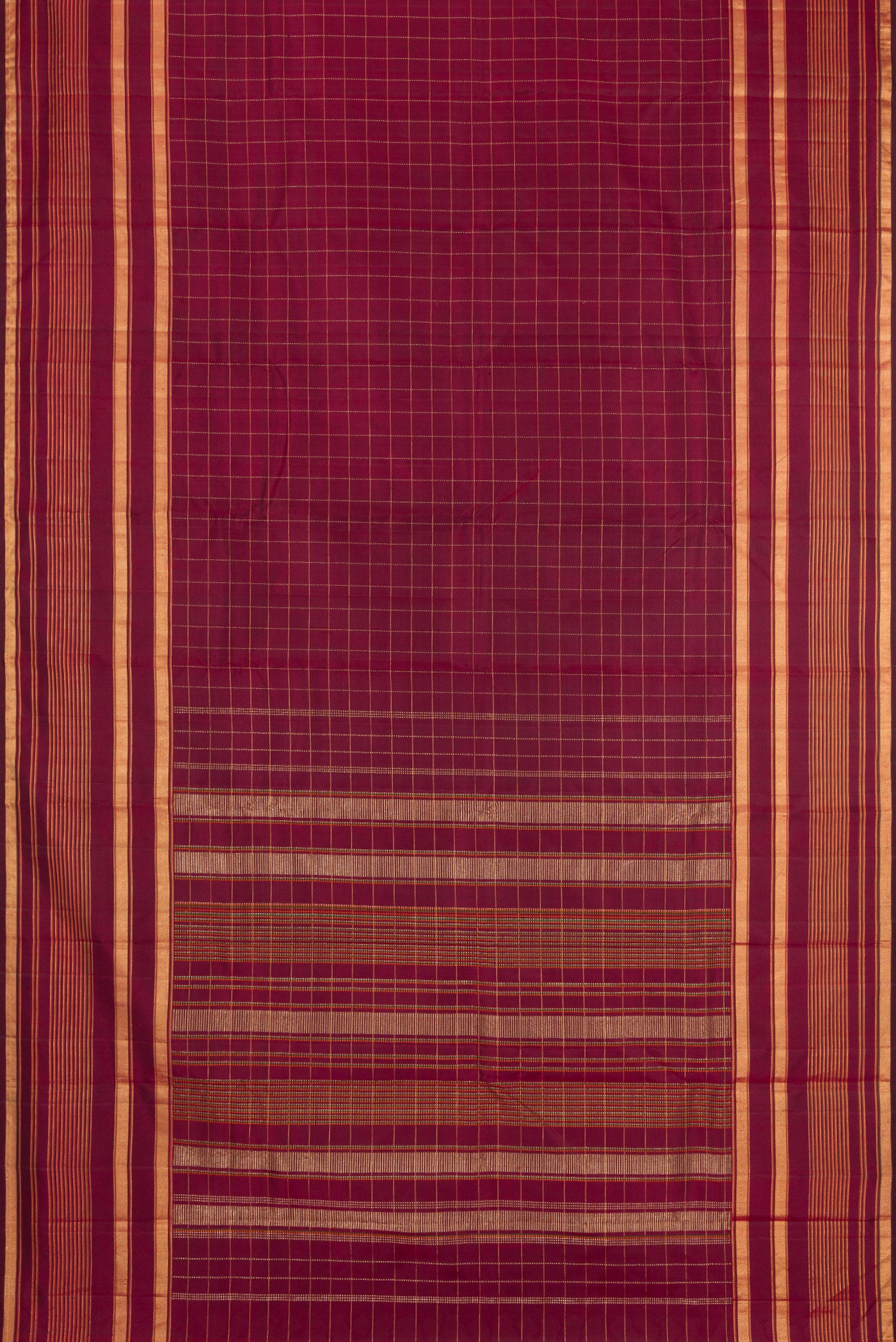 Flat view of Maroon Kanjivaram Silk Saree with Checked design on the body and Zari Border. 