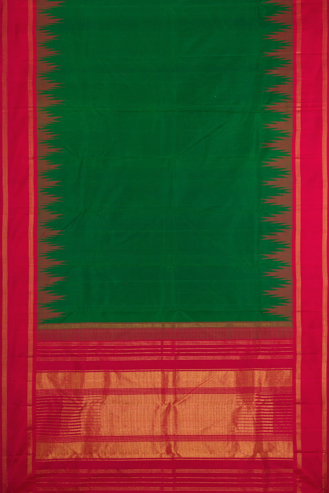 Flat view of Bottle Green Kanjivaram Silk Saree with Plain Body and Temple Border. 