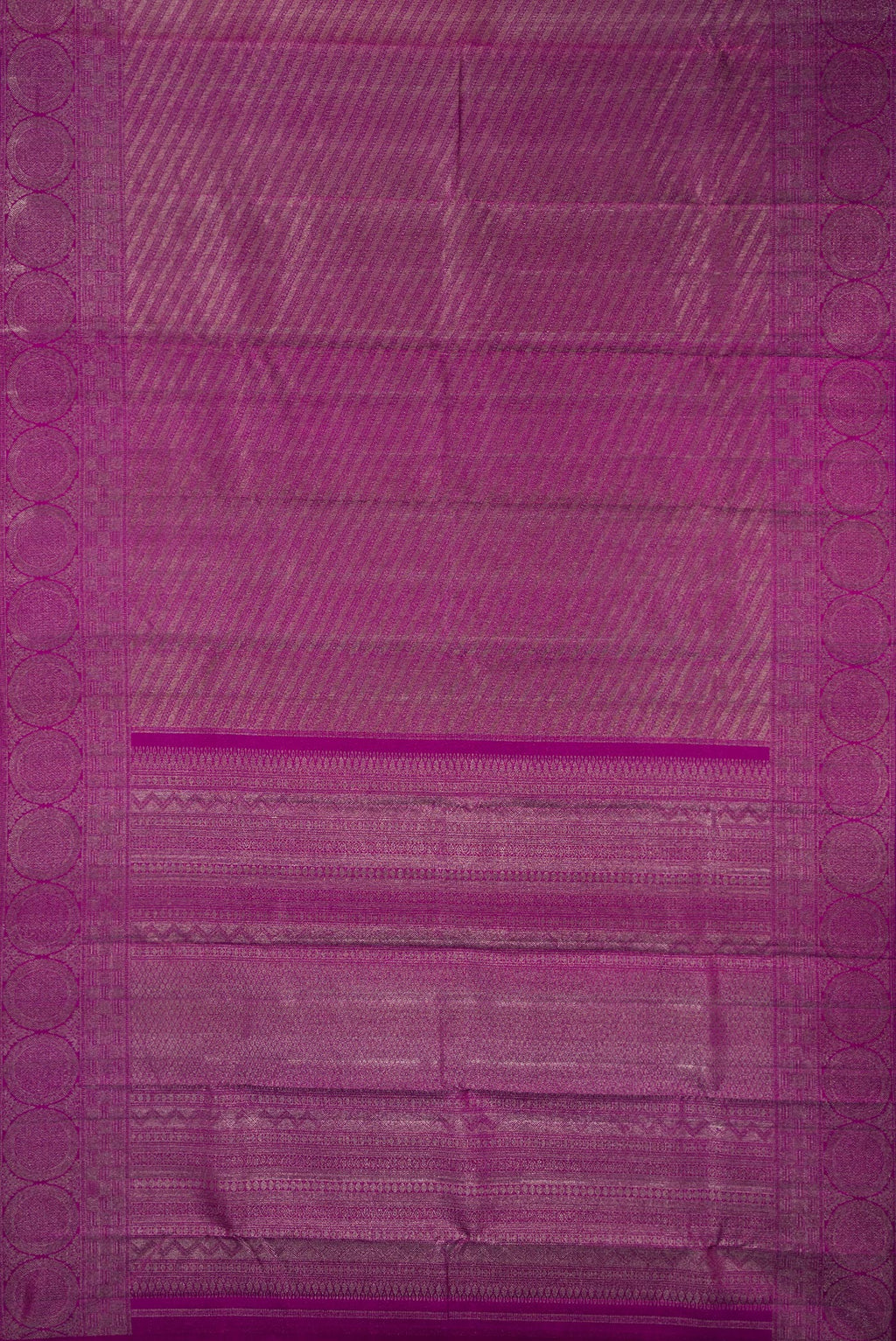 Flat view of Pure Silk Magenta Kanjivaram Saree with Zari Brocade on the body and Zari Border. 
