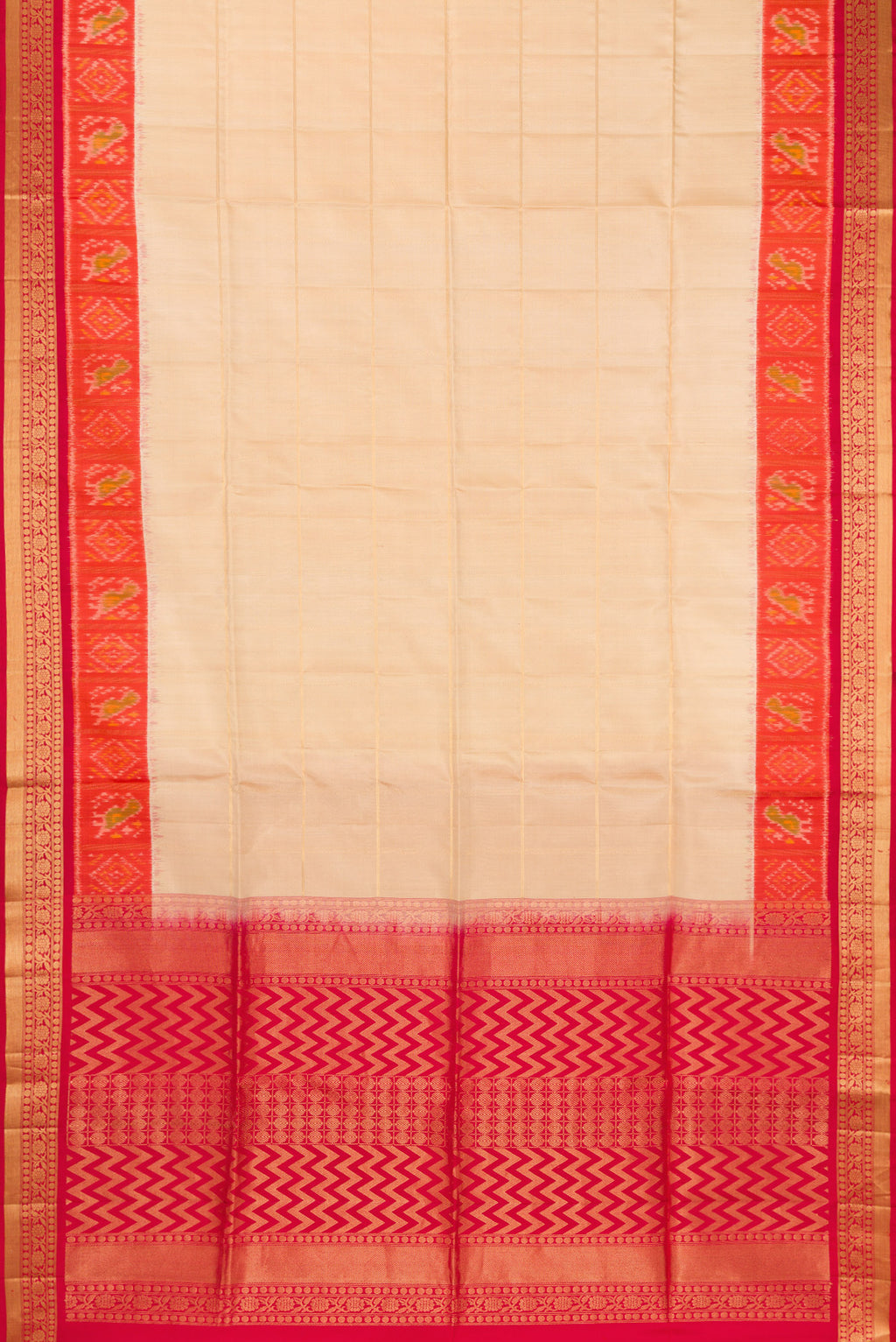 Flat view of Sandal Soft Silk Saree with Checked design on the body and Ikat Border. 