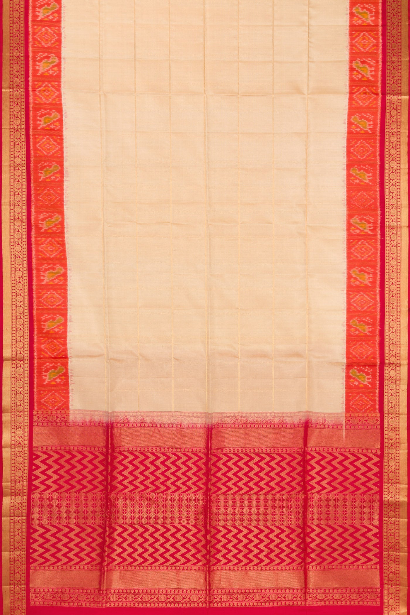 Flat view of Sandal Soft Silk Saree with Checked design on the body and Ikat Border. 