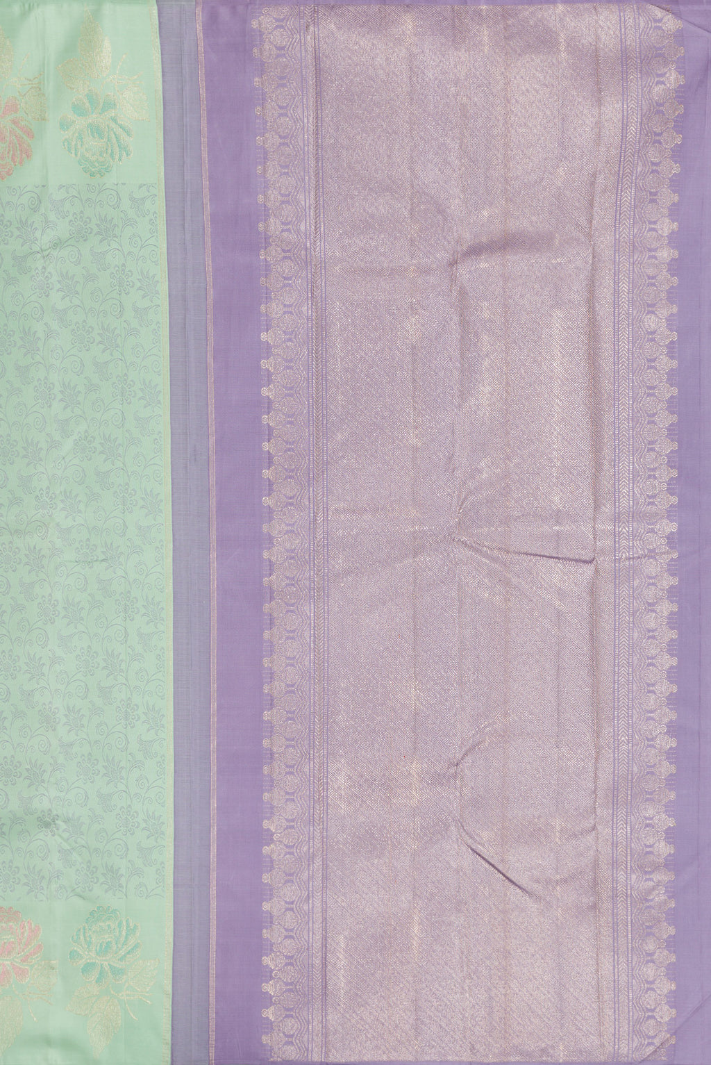 Close up image of the pallu of Light Green Kanchipuram Silk Saree with Jacquard design on the body and Fancy Border. 
