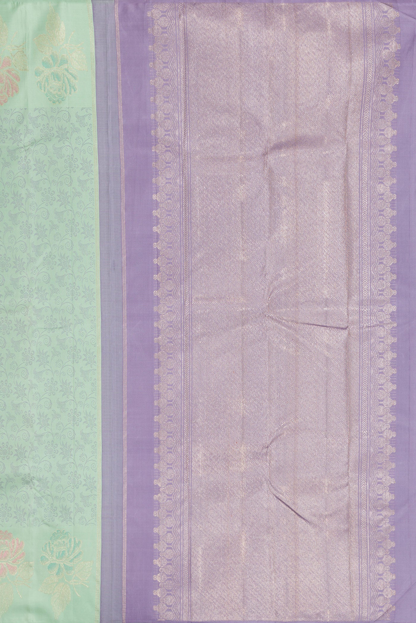 Close up image of the pallu of Light Green Kanchipuram Silk Saree with Jacquard design on the body and Fancy Border. 
